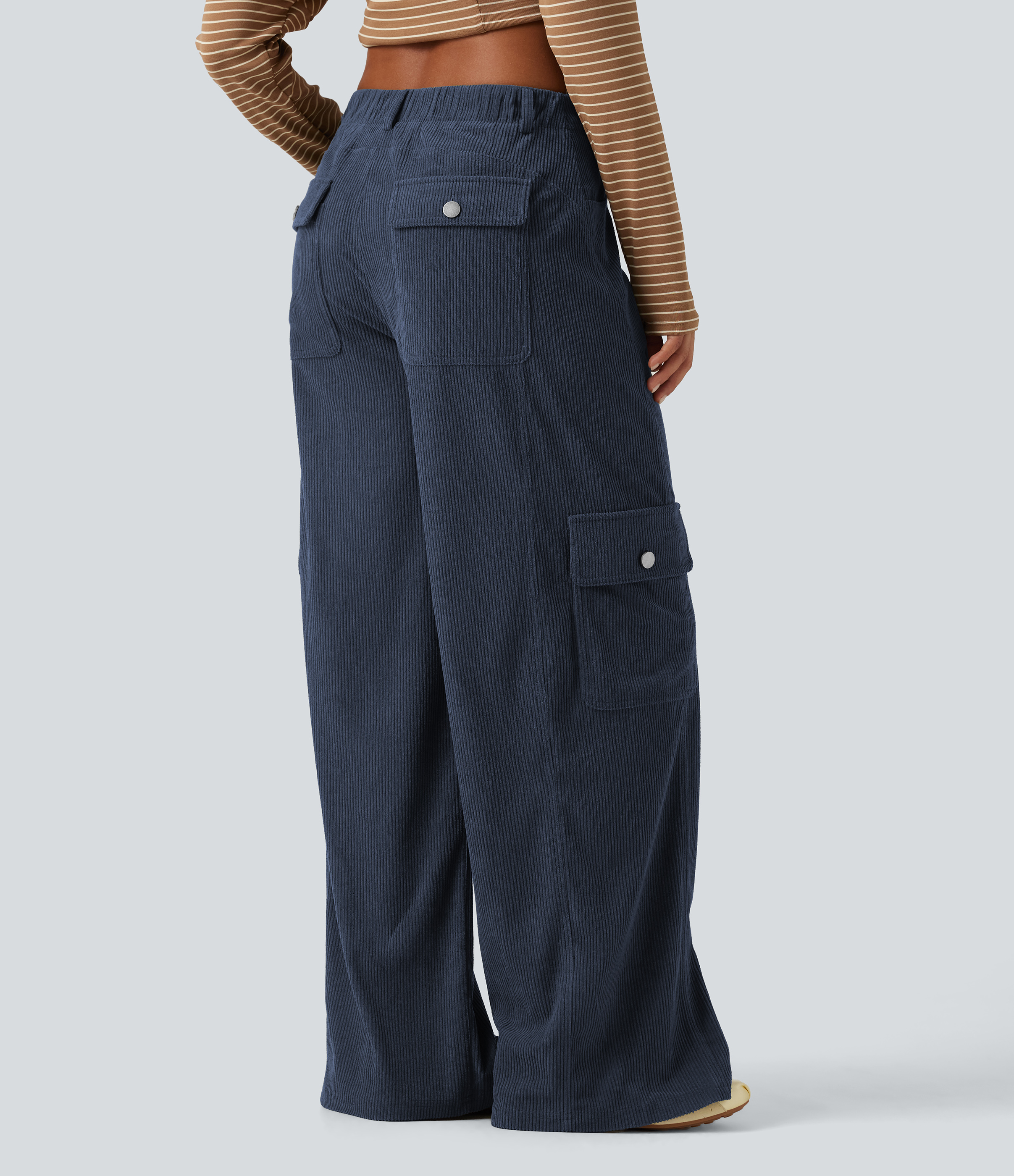 Foggy Blue Mid Rise Corduroy Wide Leg Casual Pants with Pockets / 2