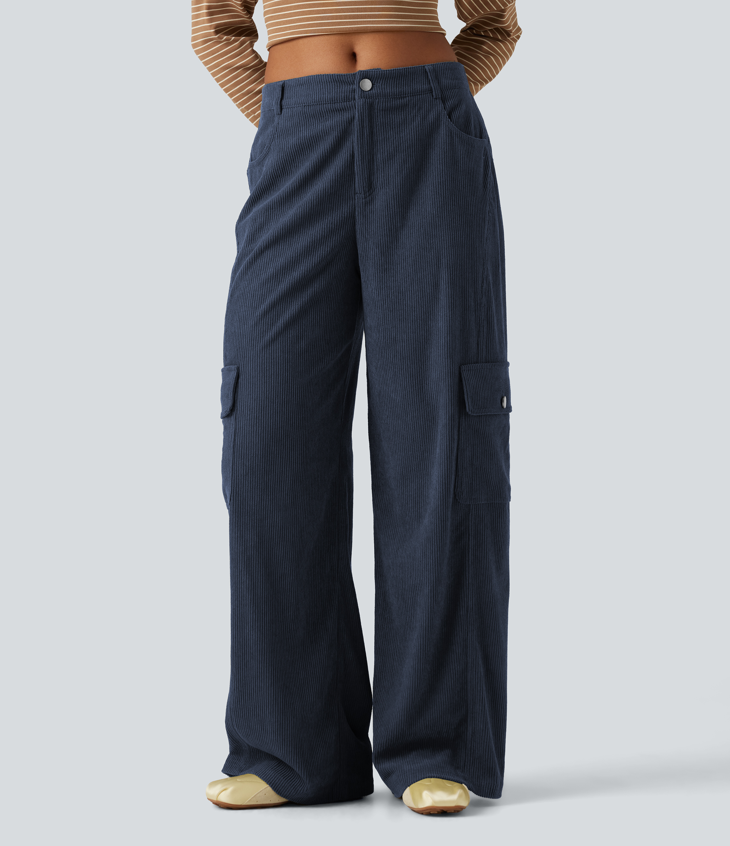 Mid Rise Corduroy Wide Leg Casual Pants with Pockets