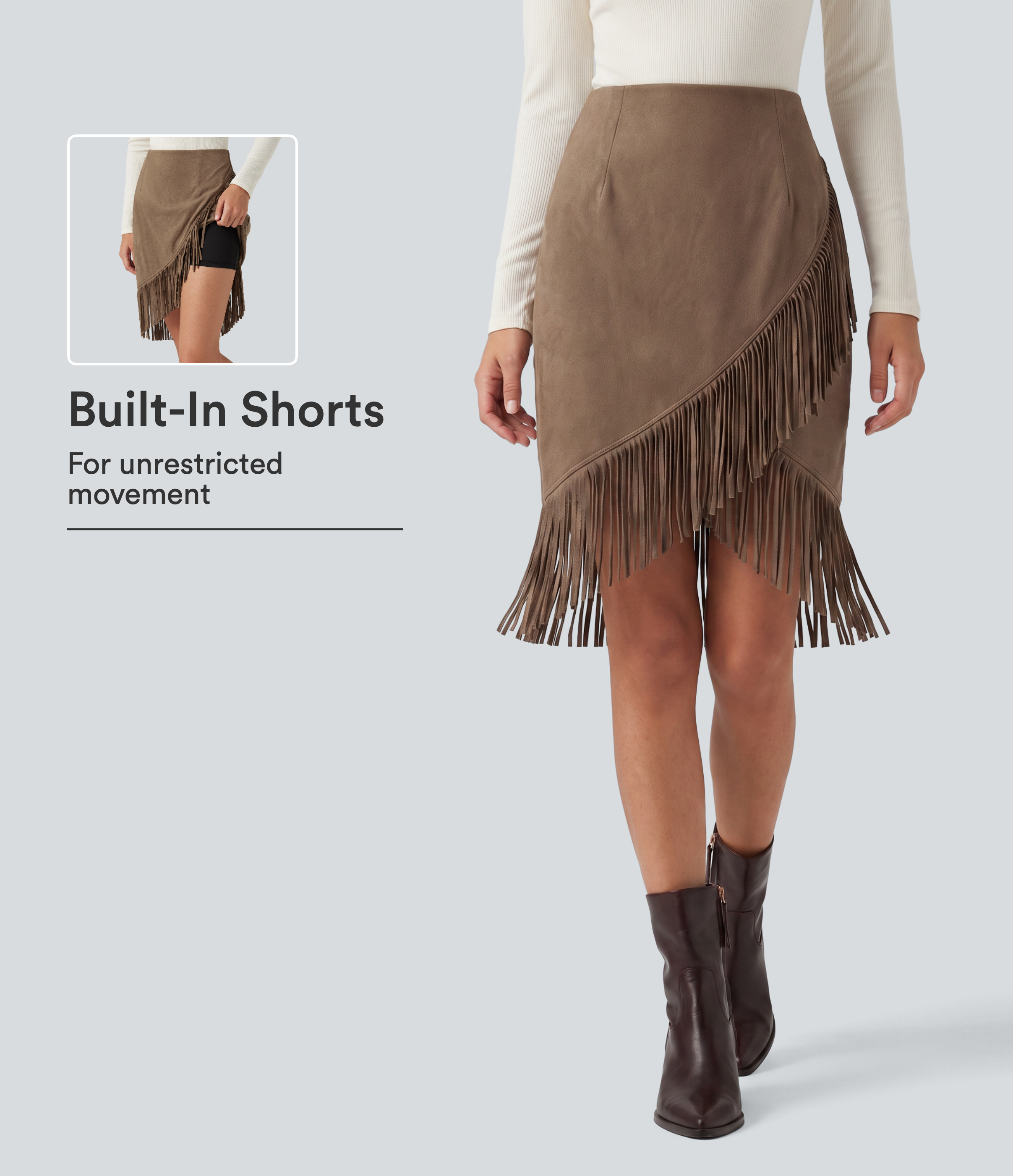 High Waisted 2-in-1 Fringe Hem Midi Suede Party Skirt