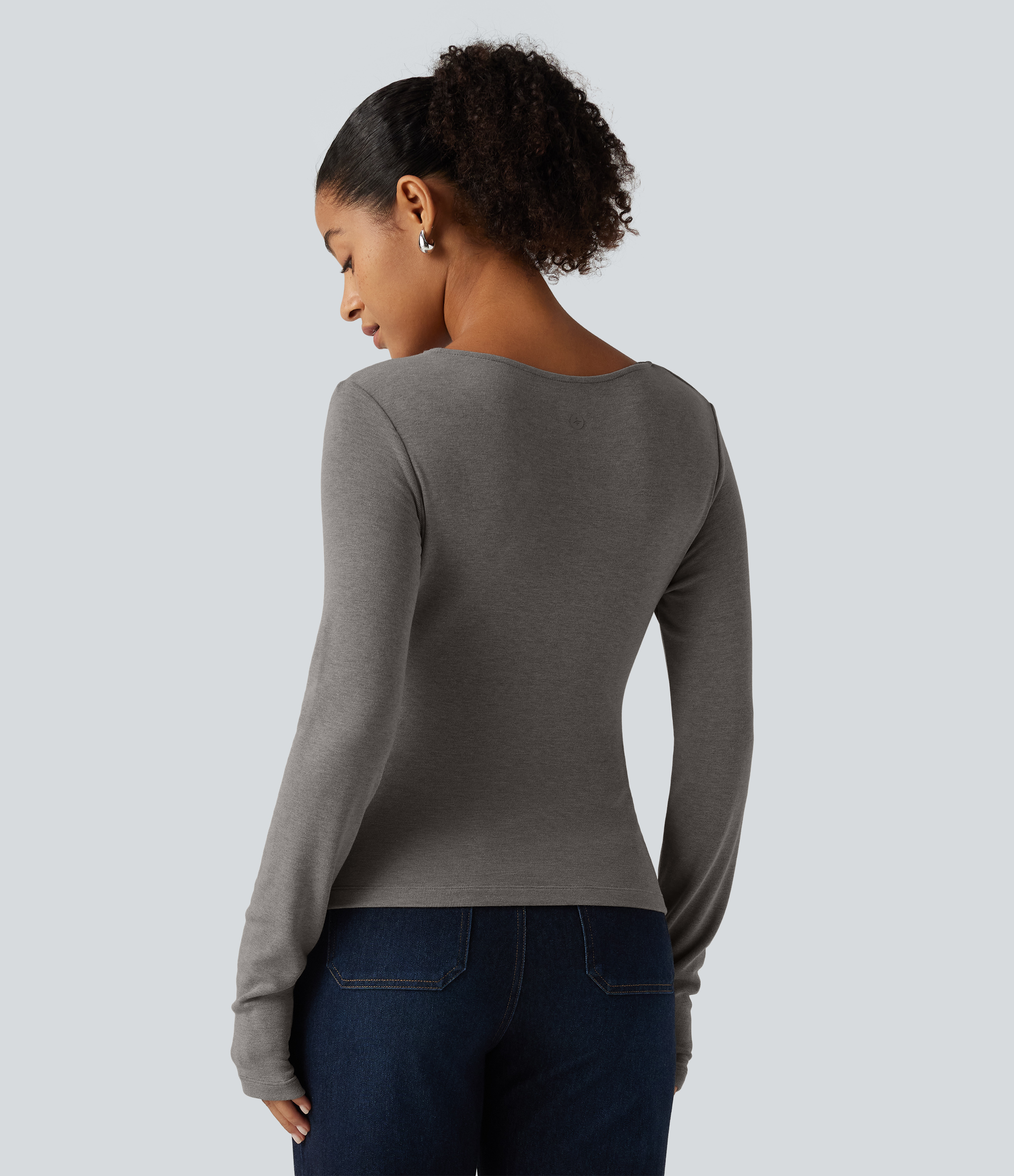 Mottled Cloud Grey Boat Neck Long Sleeve Ruched Asymmetric Hem Thermal Casual Top / 2