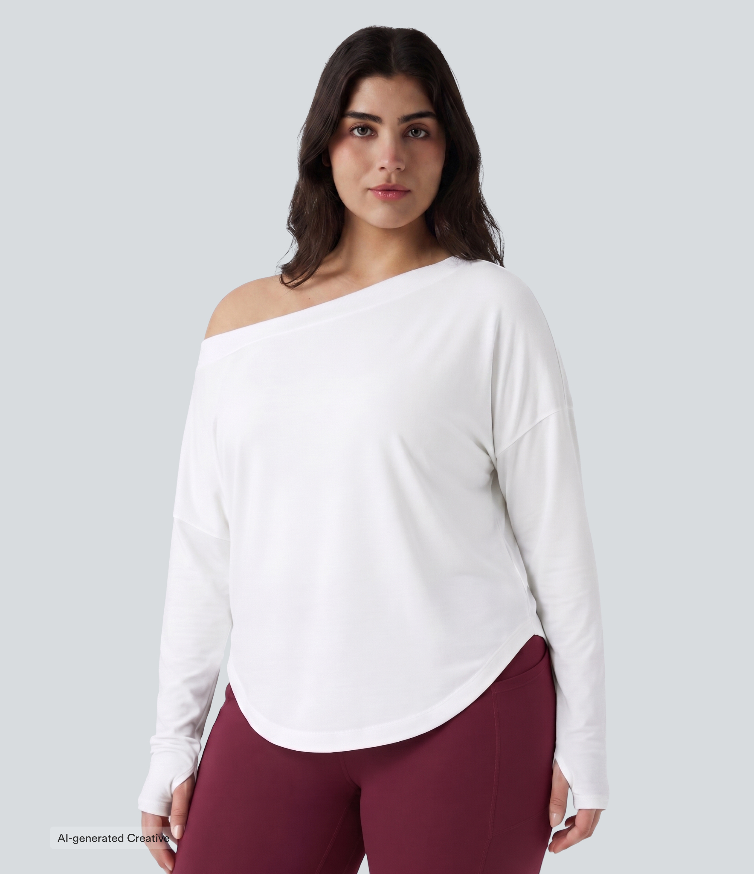 Plus Size One Shoulder Long Sleeve Thumb Hole Curved Hem High Low Quick Dry Yoga Sports Top