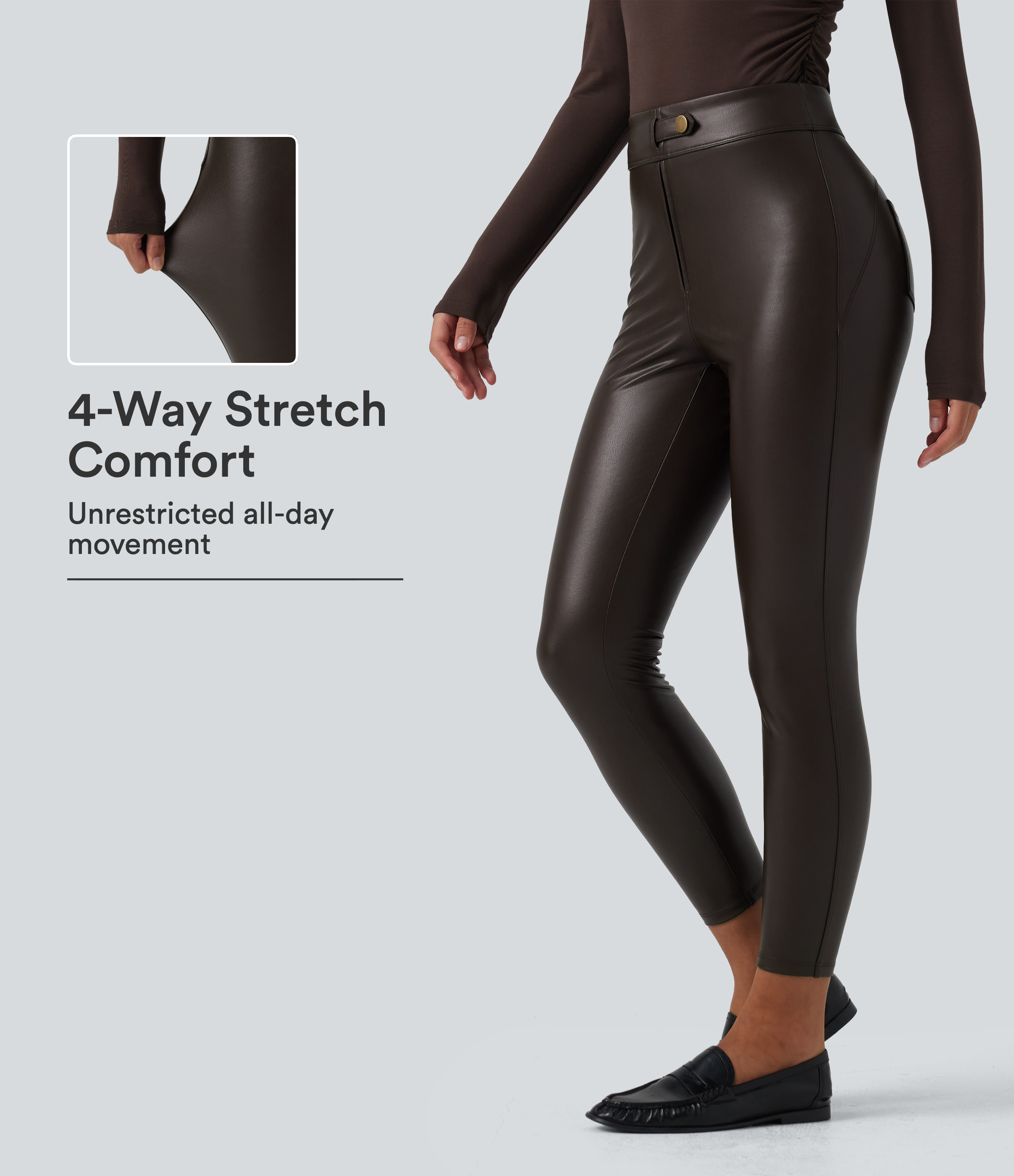 High Waisted Stretchy PU Fleece Casual Leggings with Pockets