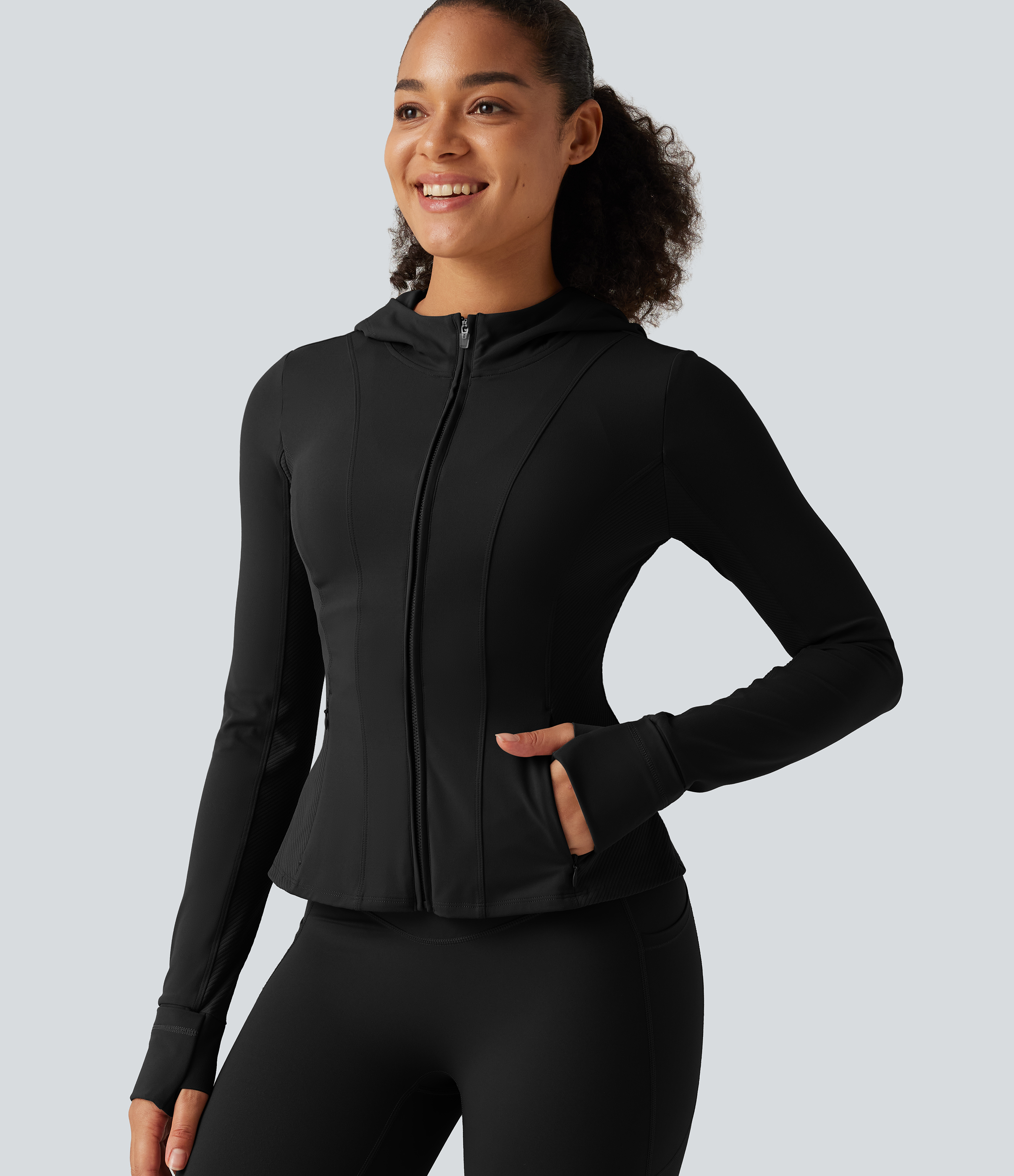 Halara UltraSculpt™ Hooded Long Sleeve Ruffle Hem Yoga Track Jacket with Pockets and  Thumb Holes