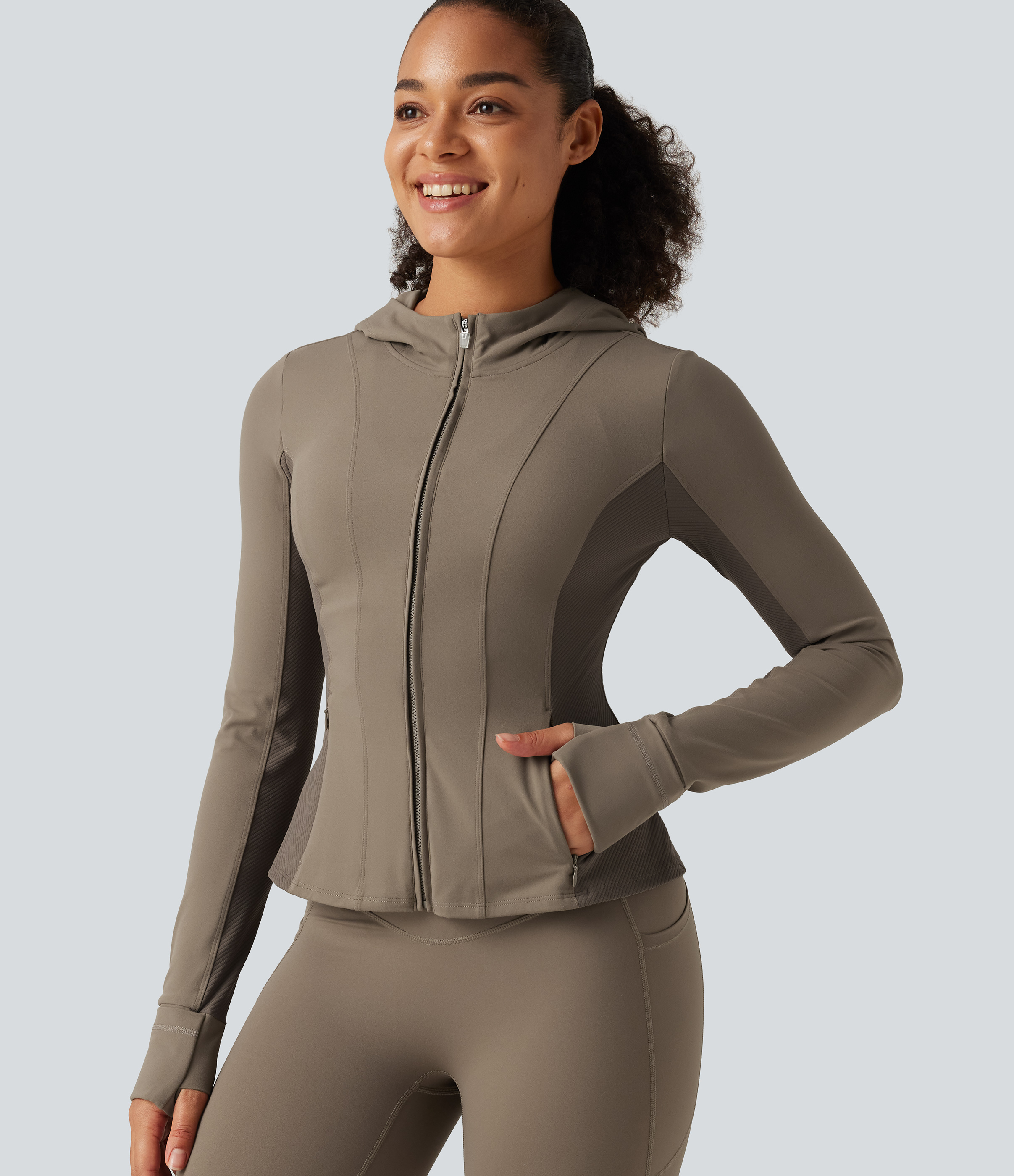 Halara UltraSculpt™ Hooded Long Sleeve Ruffle Hem Yoga Track Jacket with Pockets and  Thumb Holes
