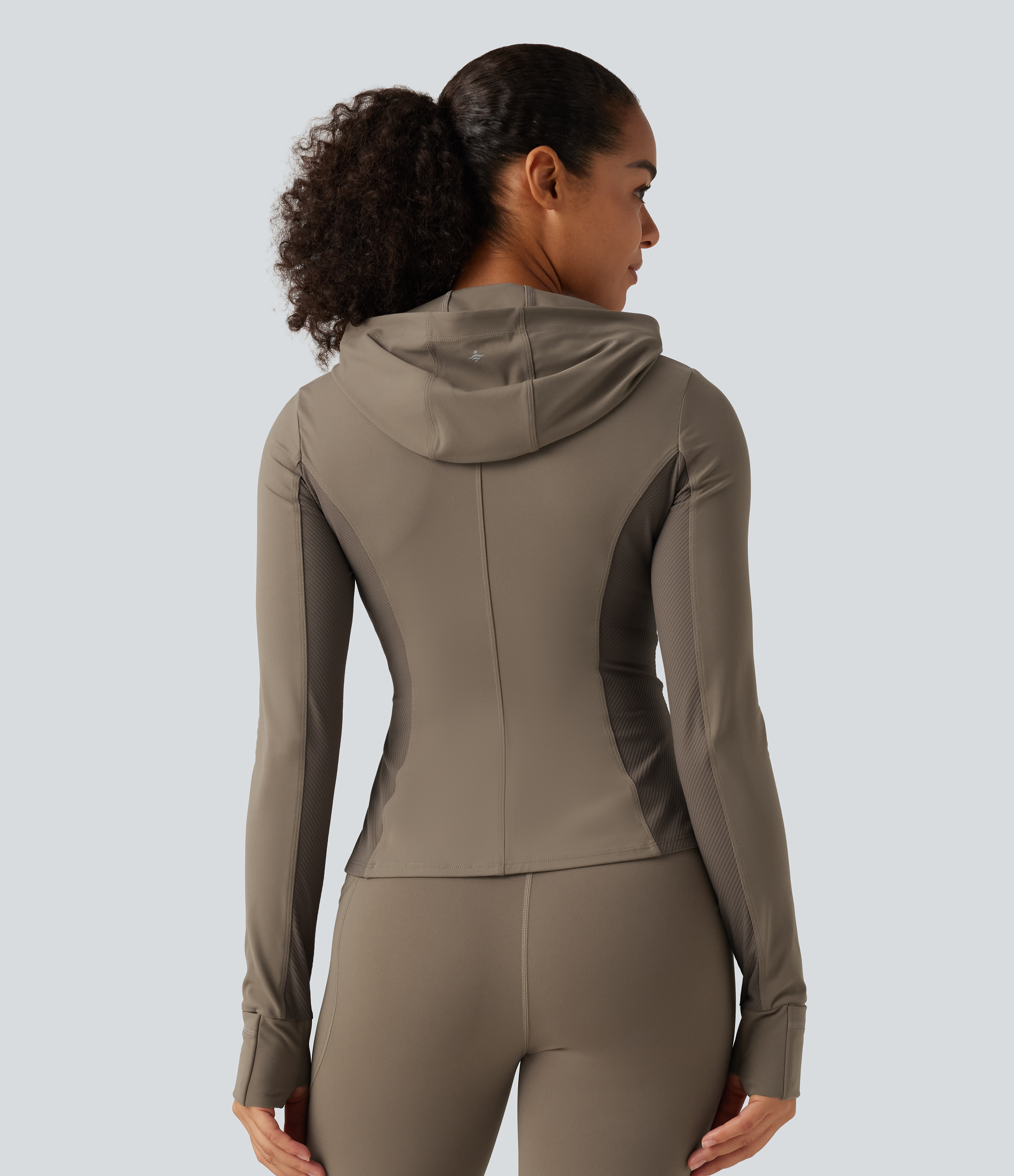 Dawn Brown Halara UltraSculpt™ Hooded Long Sleeve Ruffle Hem Yoga Track Jacket with Pockets and Thumb Holes / 2