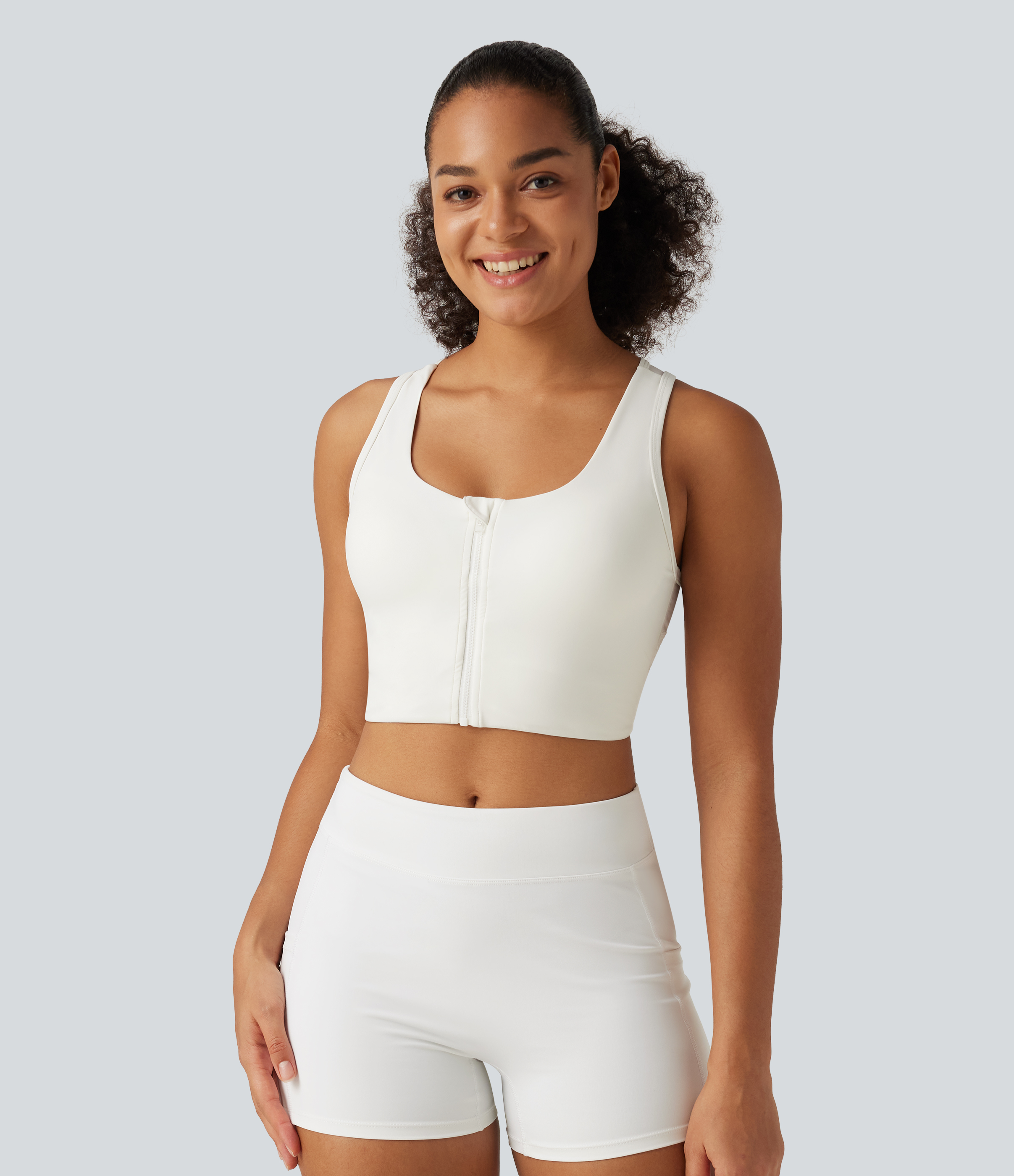 Weiß Verkürztes Yoga-Tanktop mit U-Ausschnitt, Gesäßtaschen, Reißverschluss, integriertem BH und Kontrast-Mesh / 2