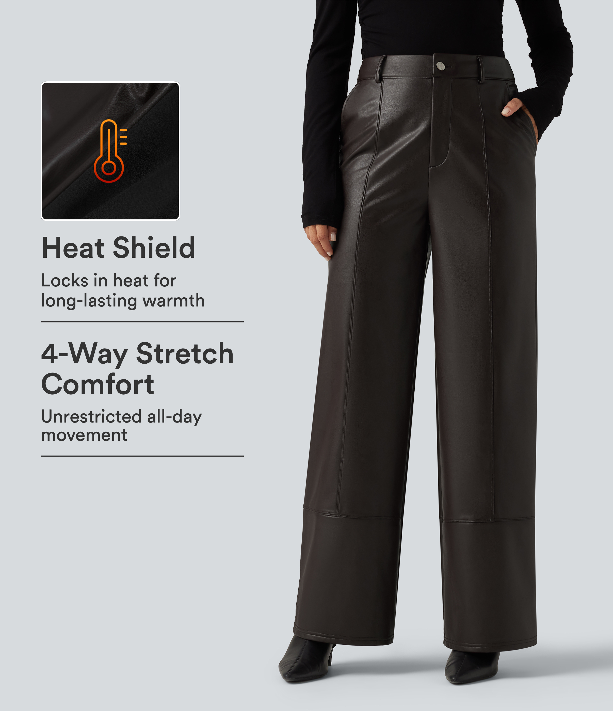High Waisted Straight Leg Seam Stretchy PU Fleece Casual Leather Pants with Pockets