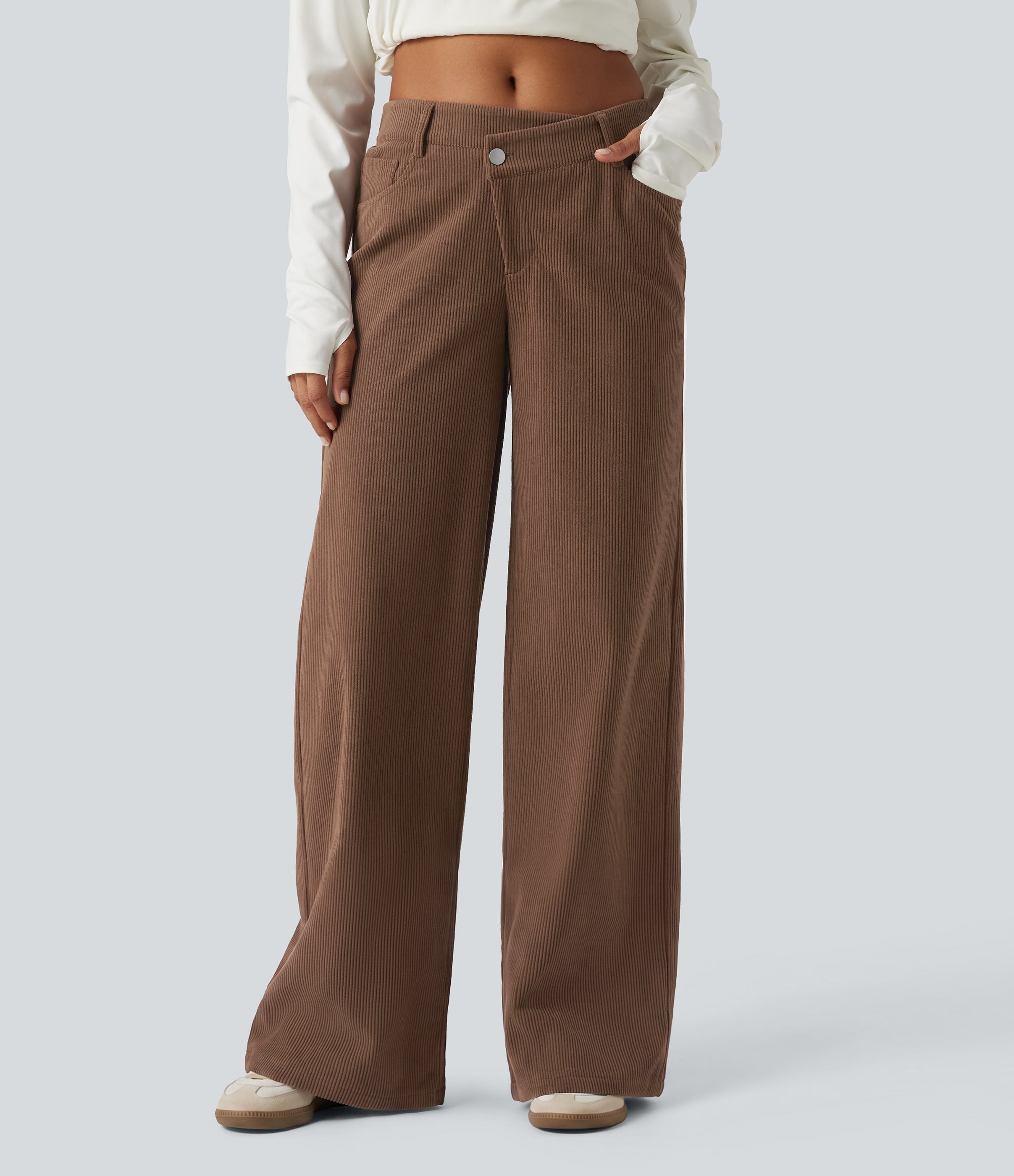 Mid Rise Asymmetric Wide Leg Corduroy Casual Pants with Pockets