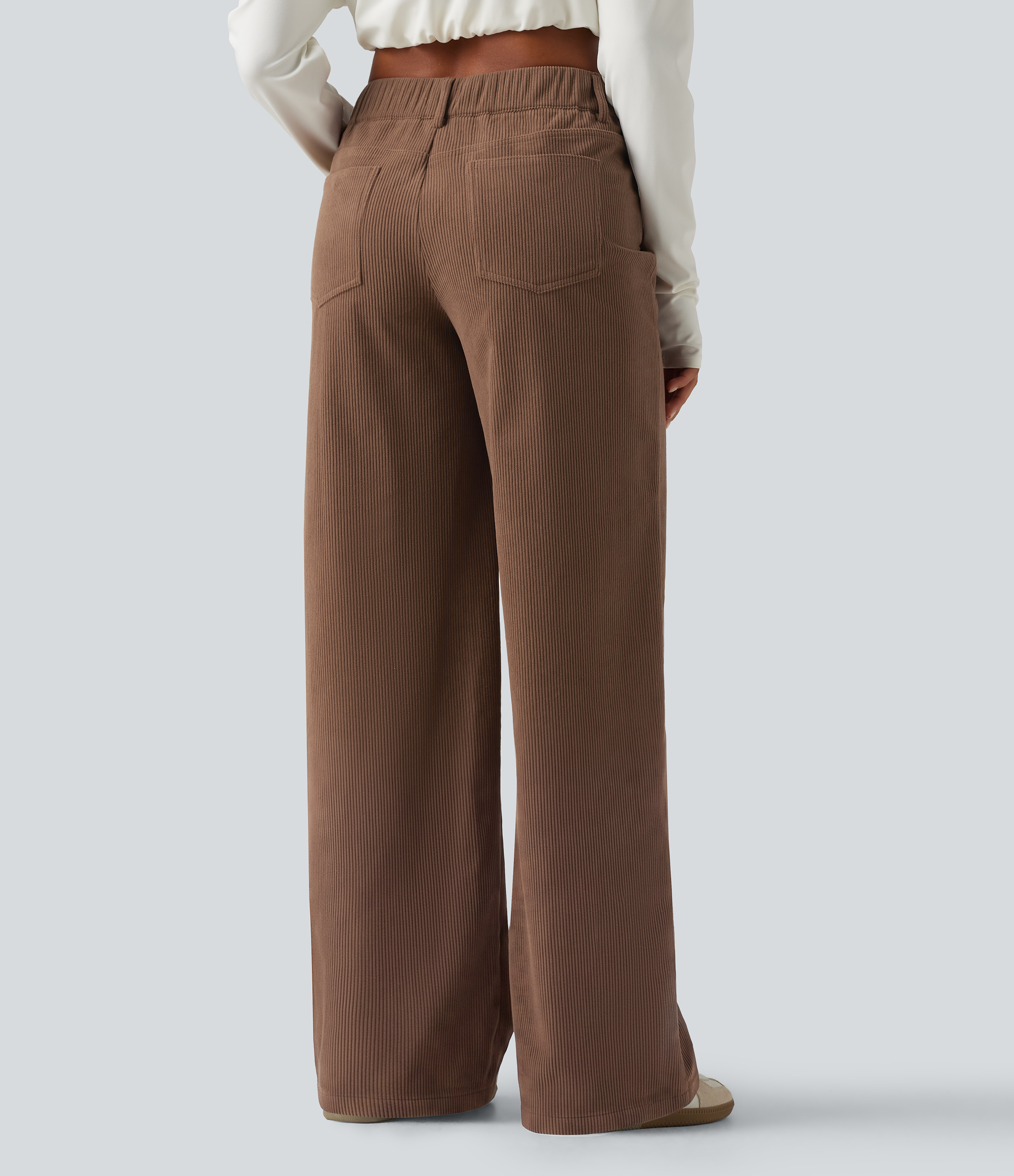 Cappuccino Mid Rise Asymmetric Wide Leg Corduroy Casual Pants with Pockets / 2