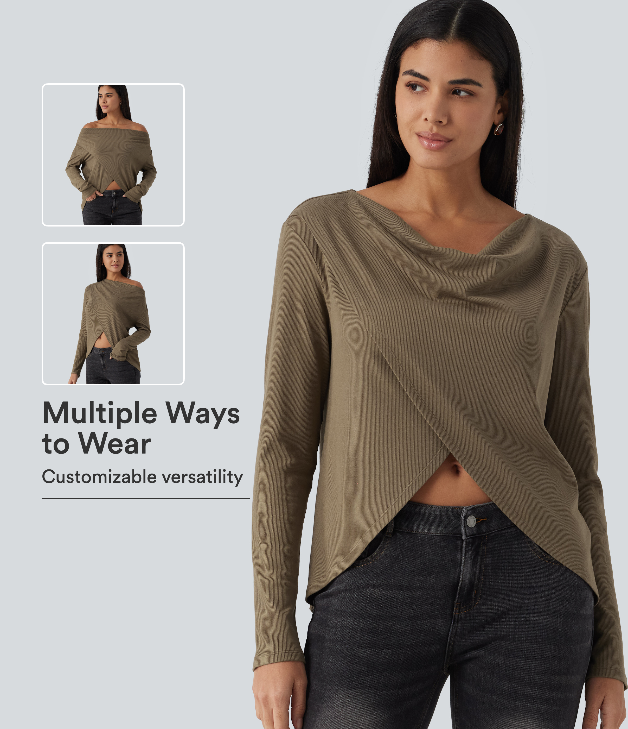 Cowl Neck Crossover Long Sleeve Curved Hem Casual Top