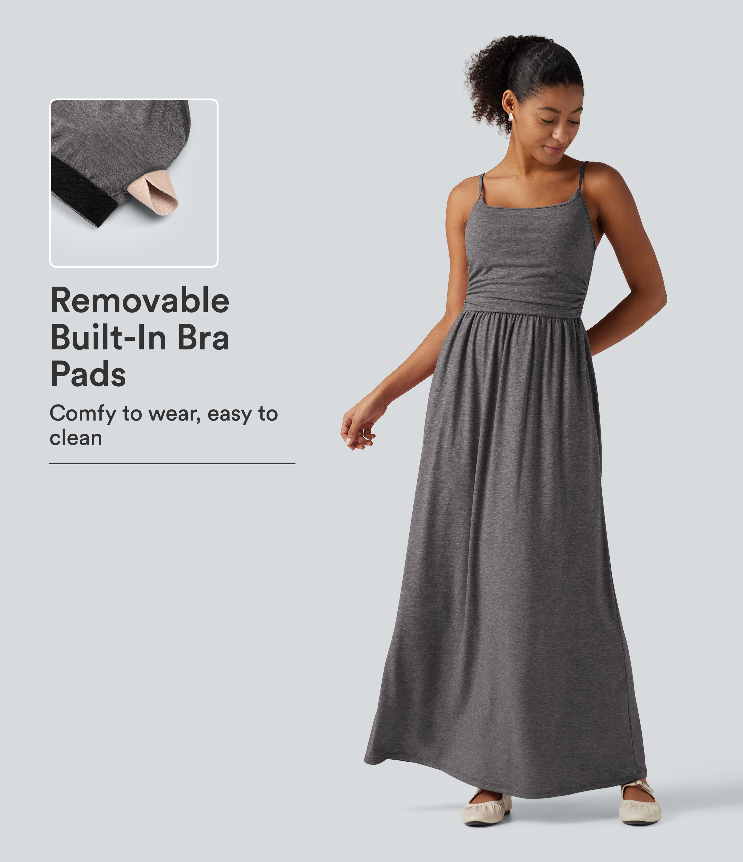 U Neck Heathered Ruched Casual Maxi Tank Dress with Built-In Bra and Pockets