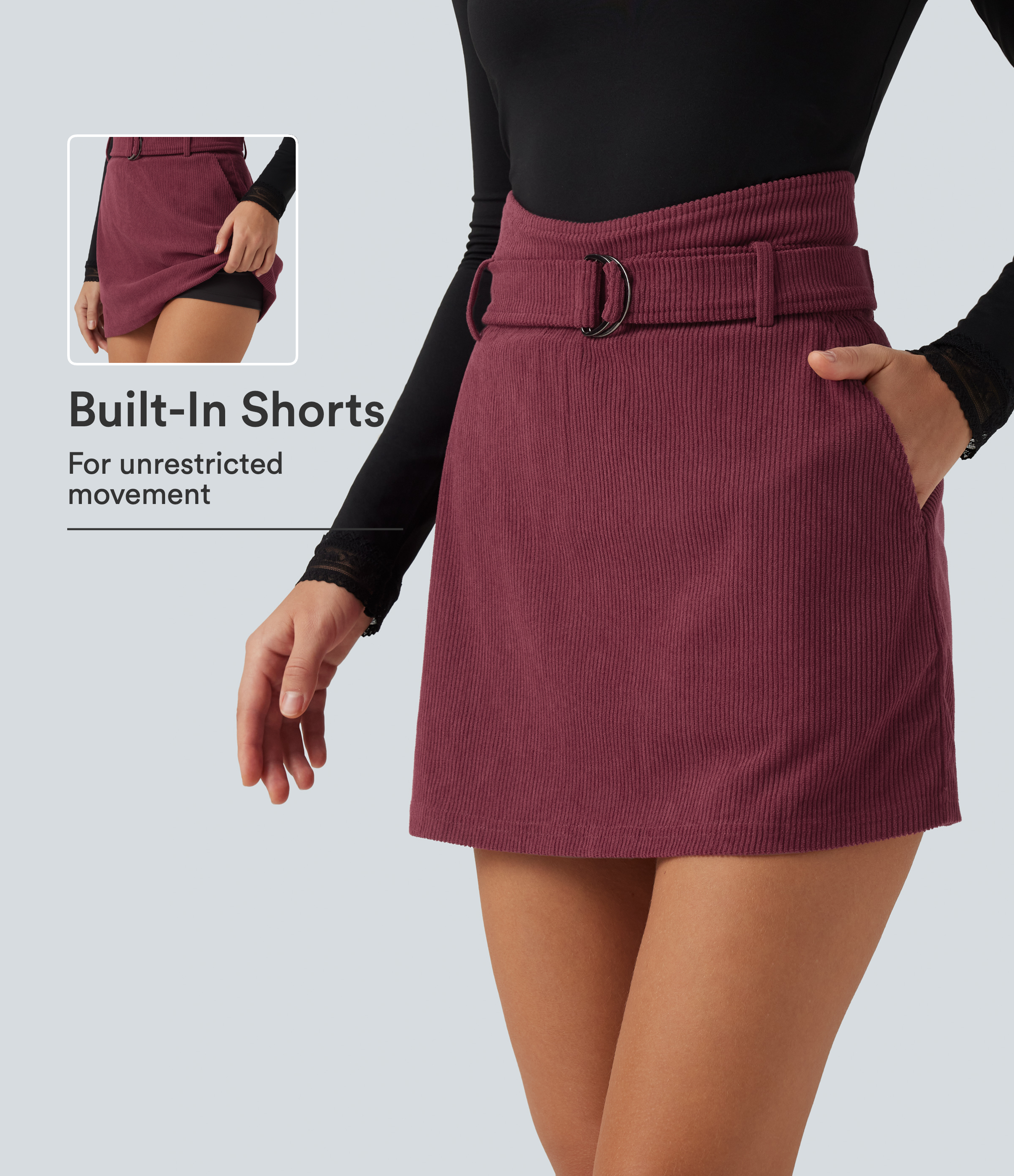 Super High Waisted A-Line Corduroy Casual Mini Skirt with Built-In Shorts and Pockets