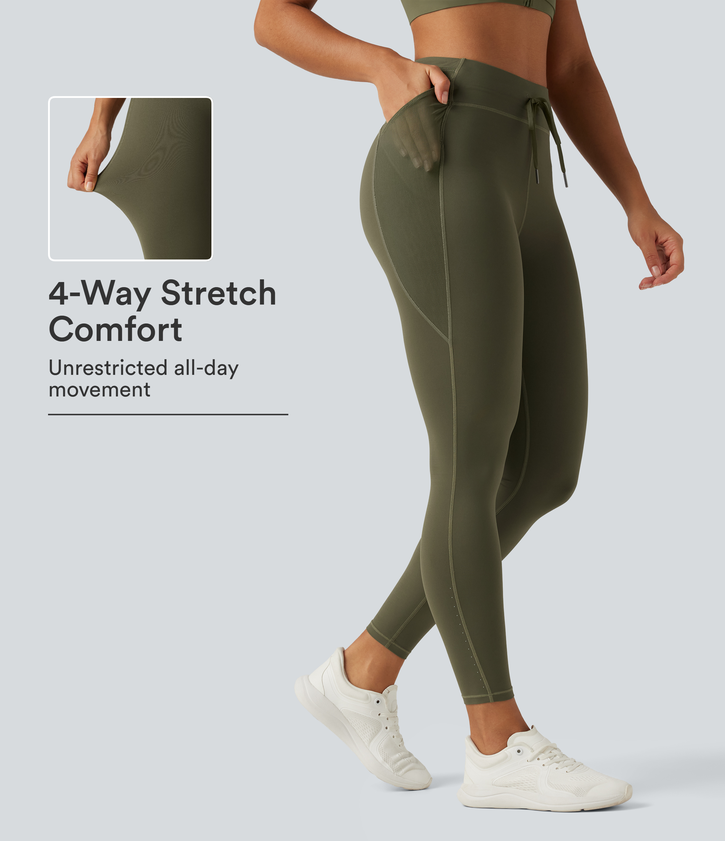 High Waisted Drawstring Contrast Mesh Quick Dry Running Leggings with Reflective Dots and Pockets