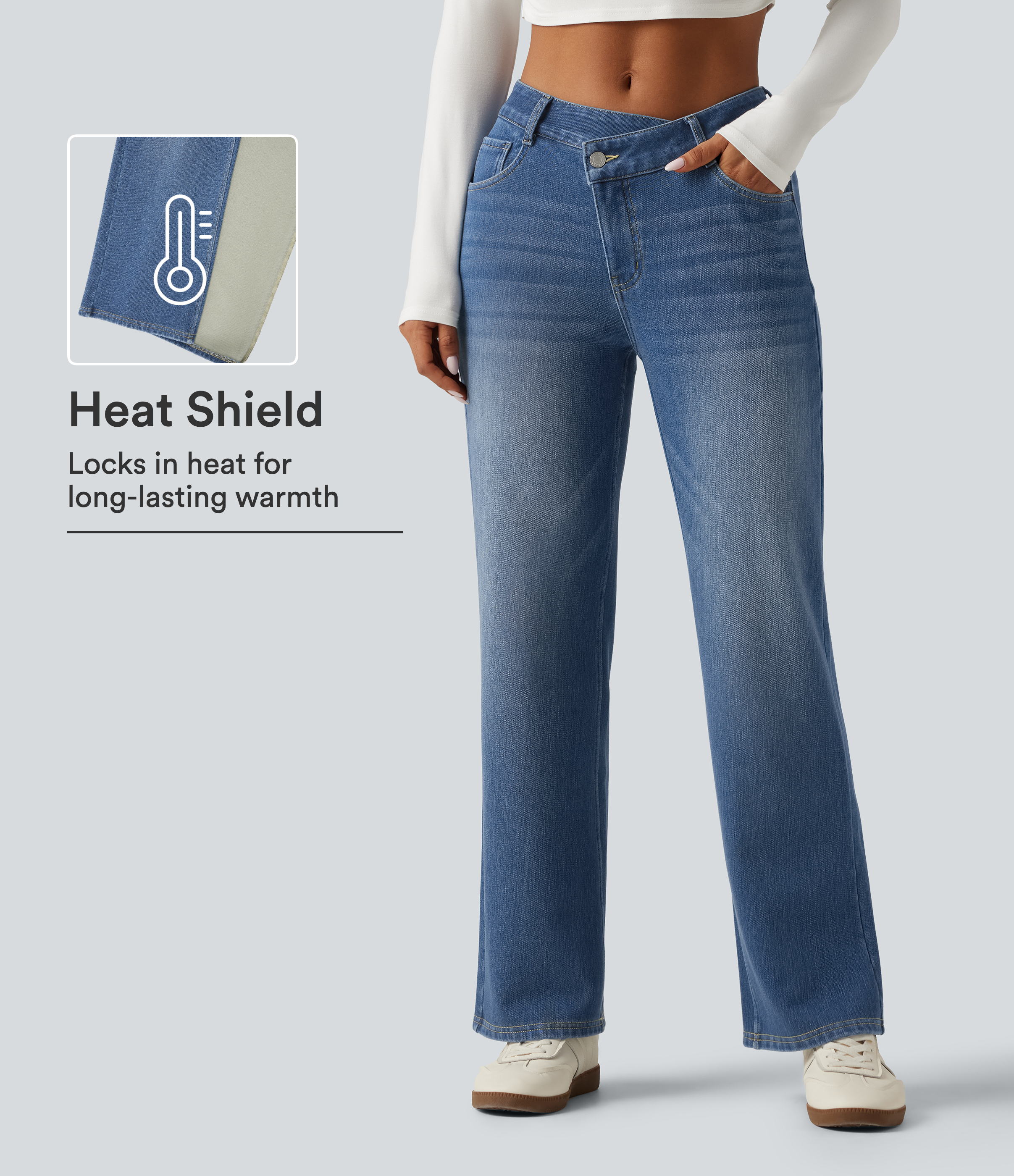 Mid Rise Asymmetric Straight Leg Fleece Casual Jeans with Pockets