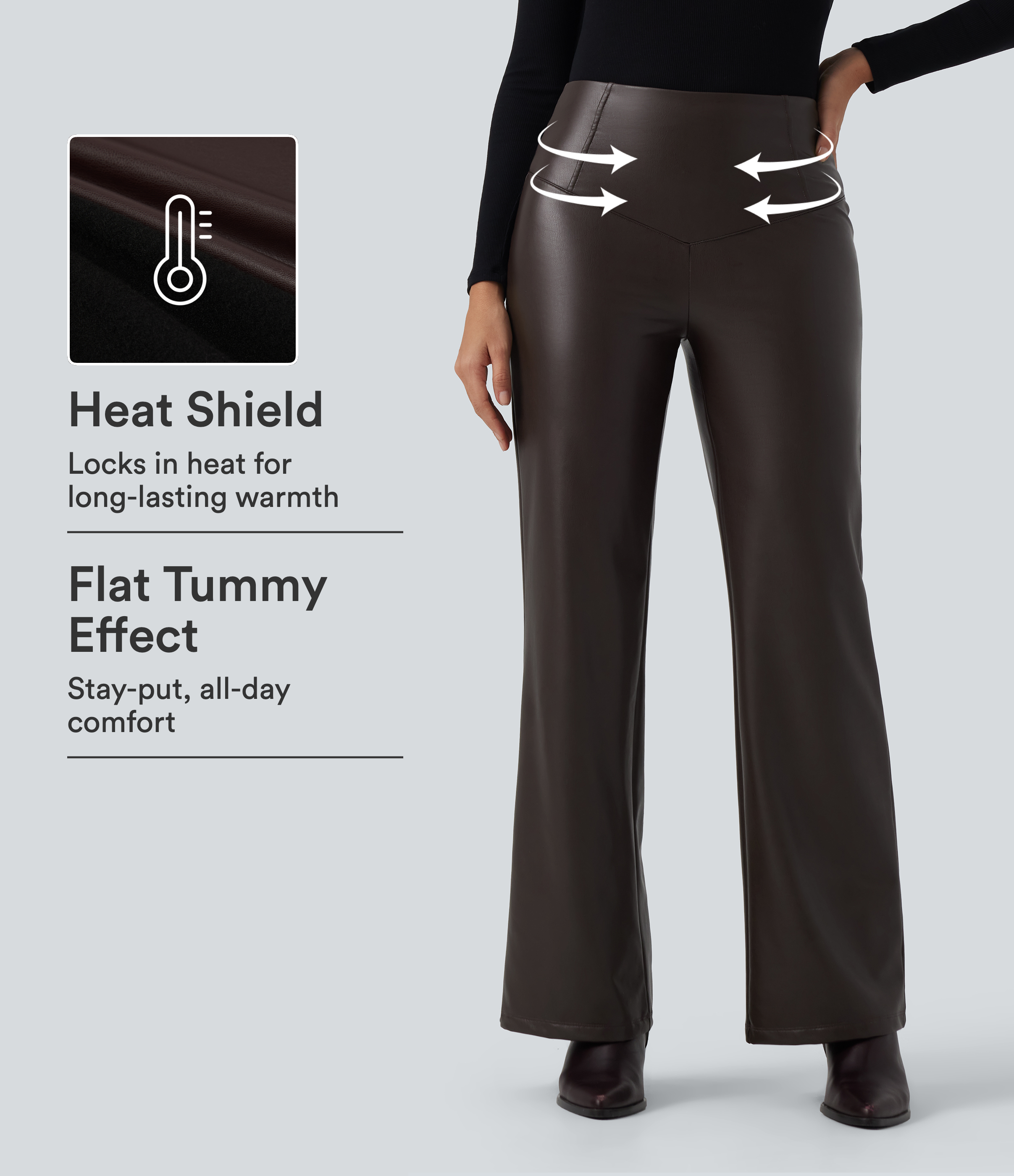 High Waisted Stretchy PU Fleece Tummy Control Bootcut Casual Leather Pants with Pockets