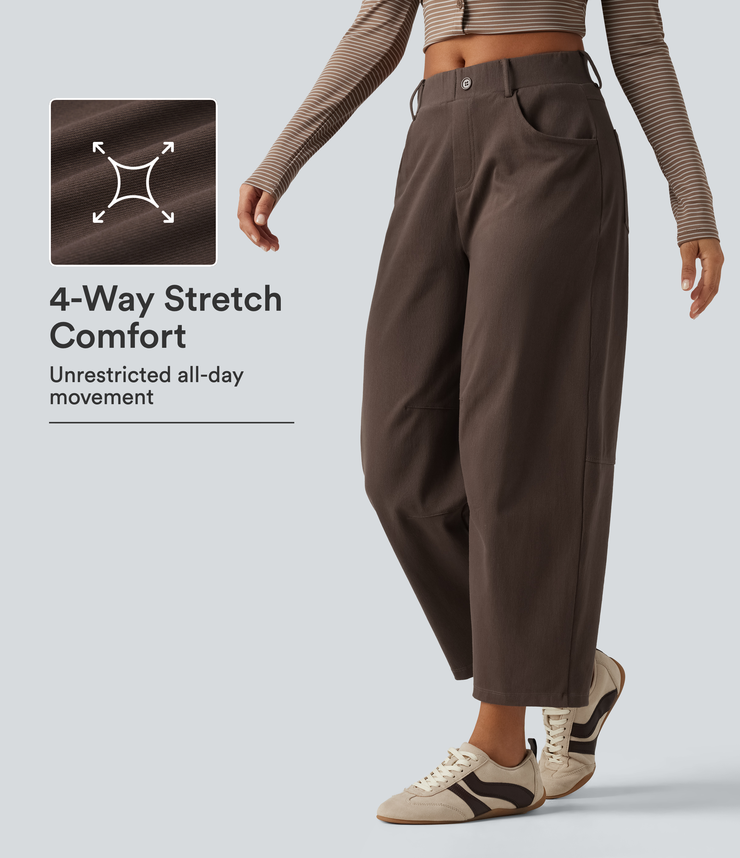 Pantalon en coton décontracté taille mi-haute à coupe tonneau, avec poches