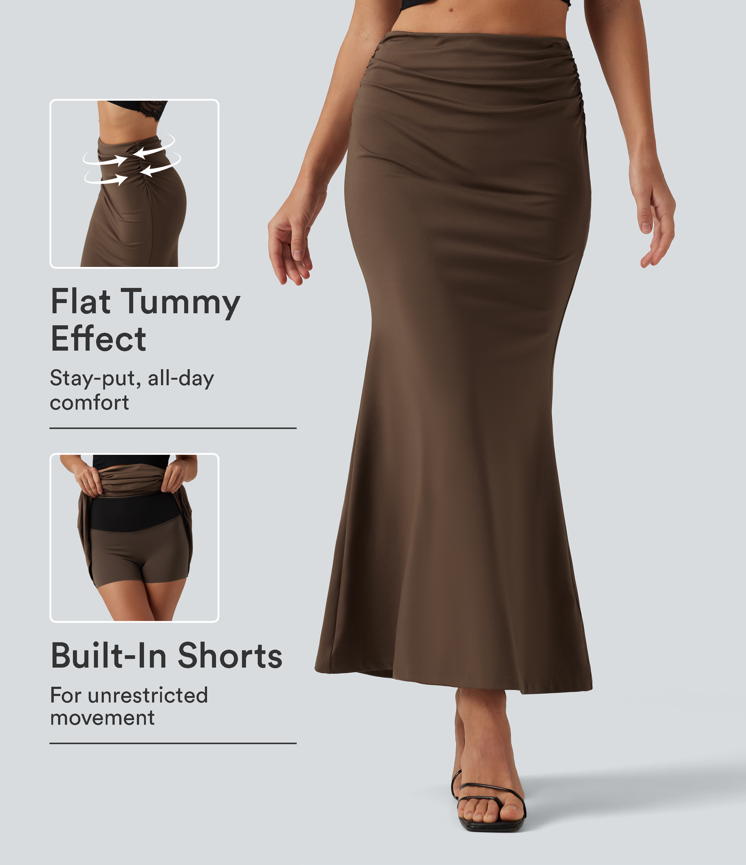 Tummy Control High Waisted 2-in-1 Ruched Casual Midi Mermaid Skirt