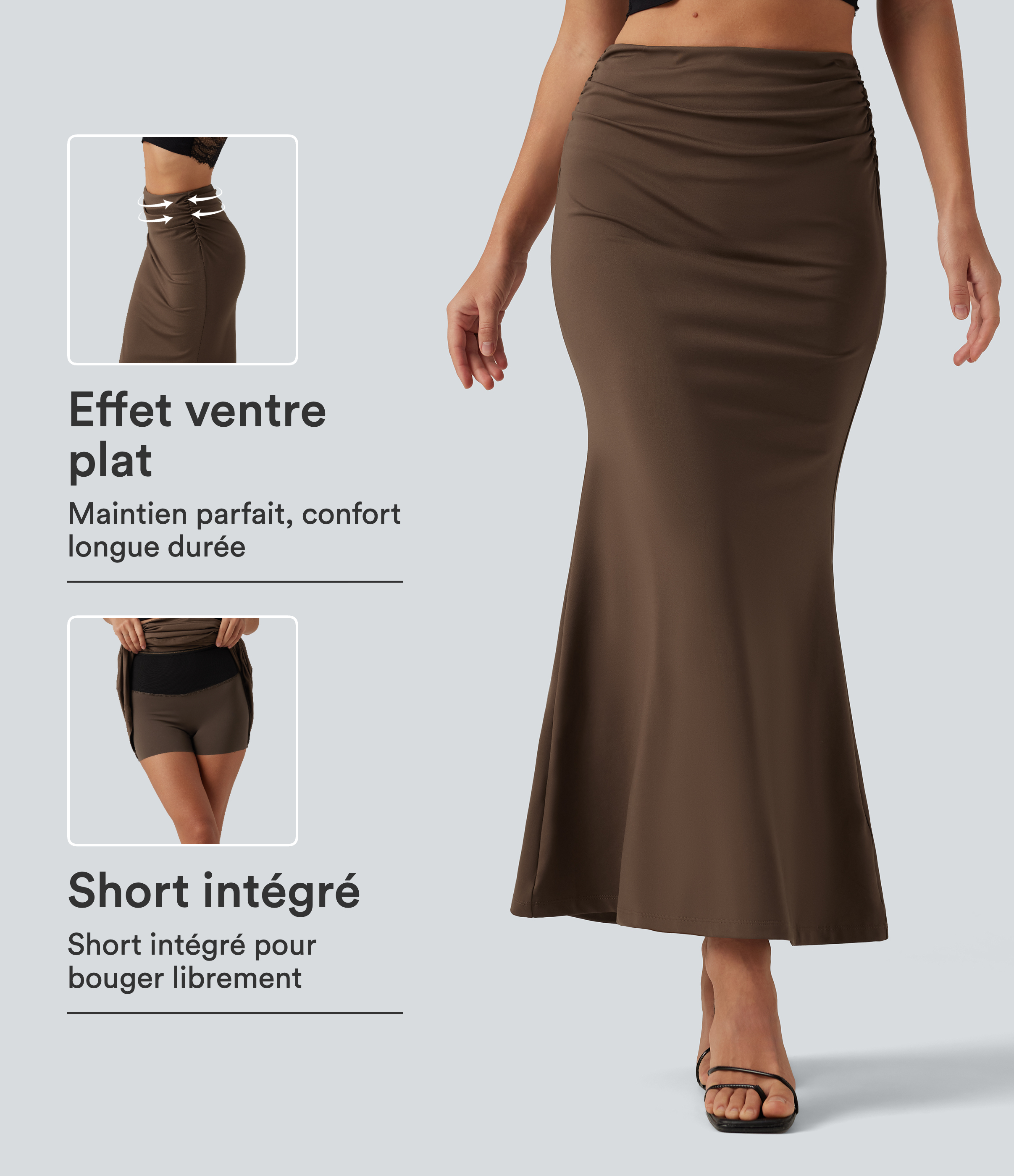 Jupe-short midi gainante taille haute froncée coupe sirène