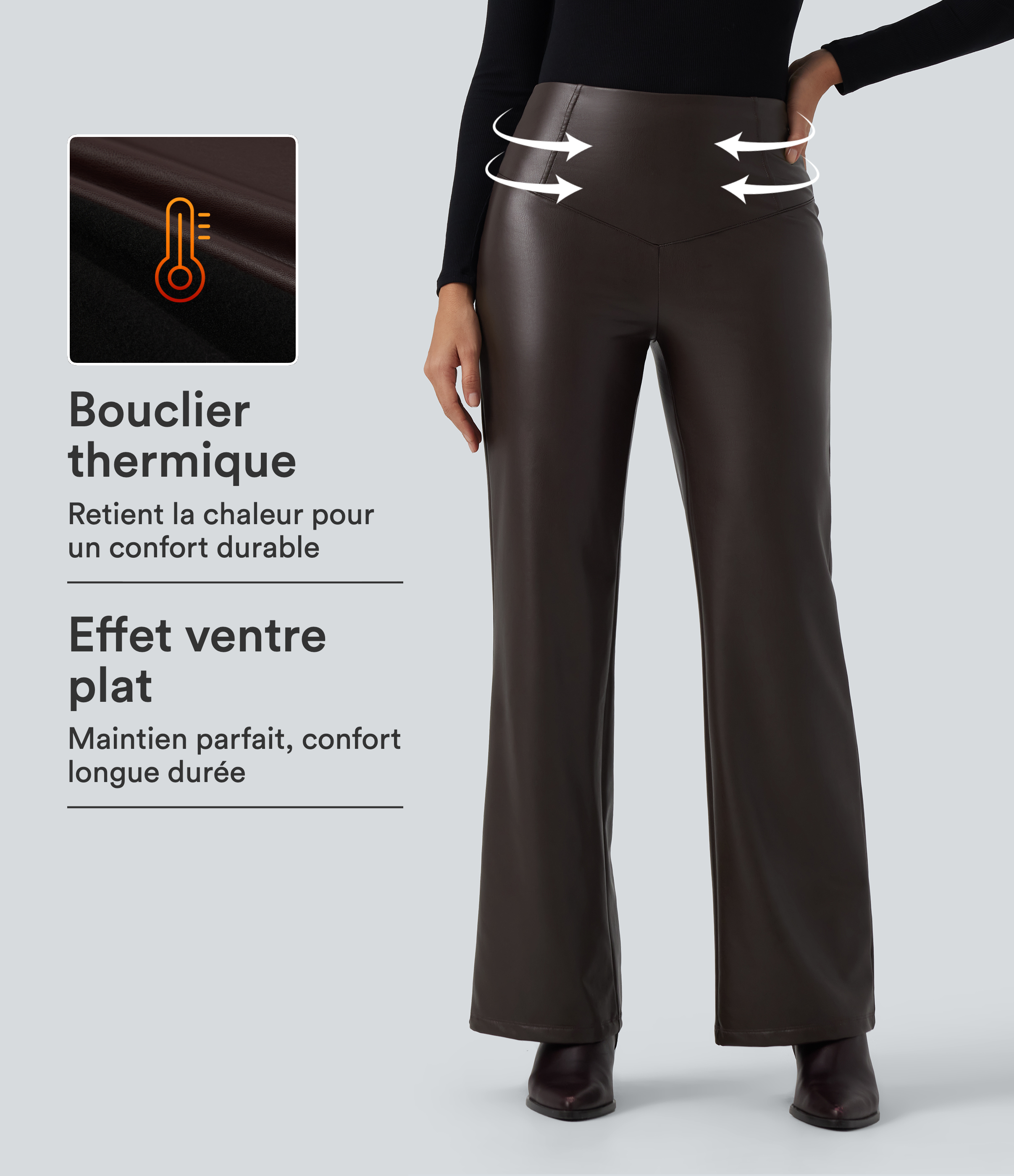 Pantalon en simili stretch doublé polaire taille haute bootcut gainant avec poches