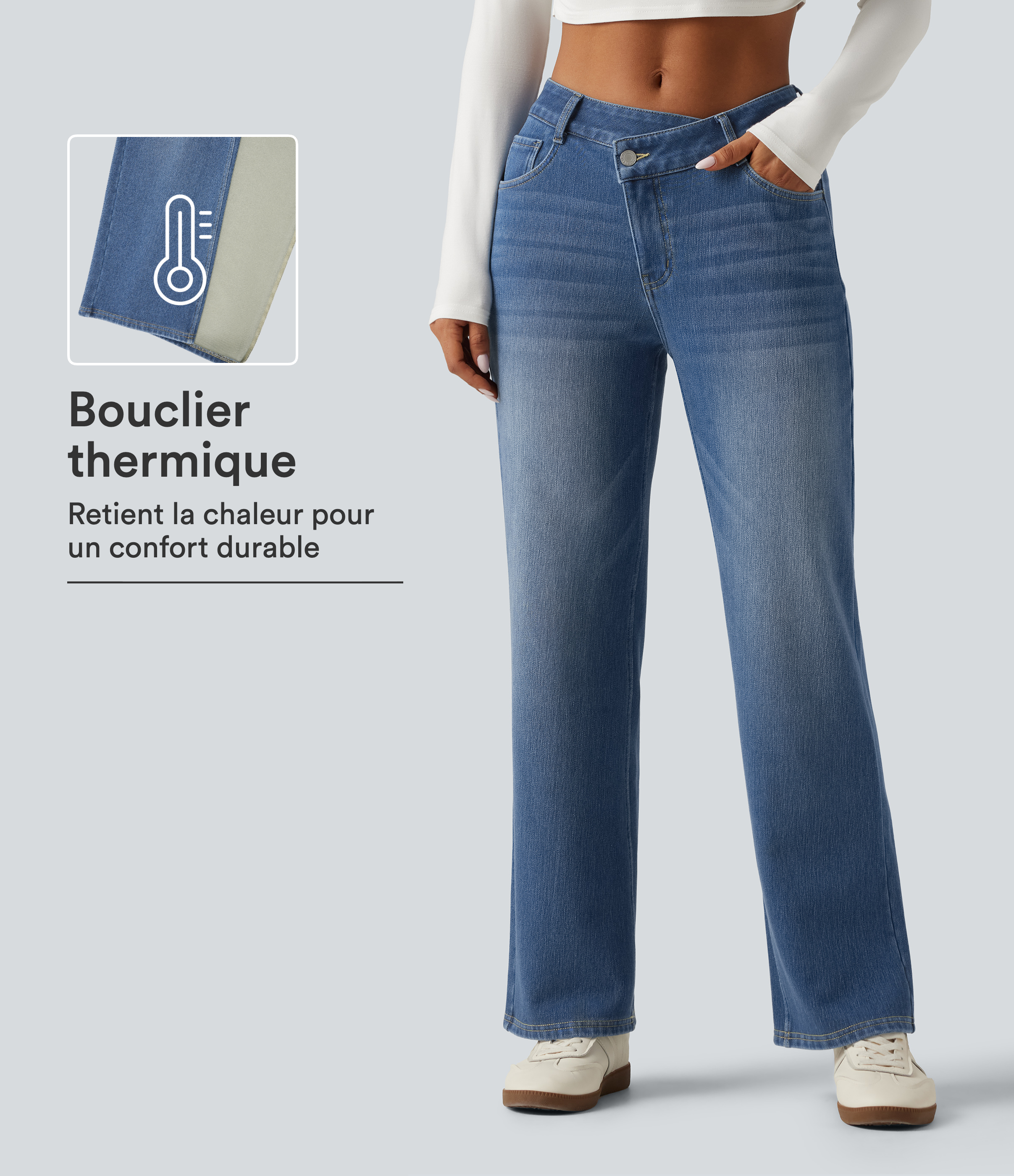  Blue Jasper Denim Jean effet polaire à taille mi-haute, coupe droite asymétrique avec poches / 1