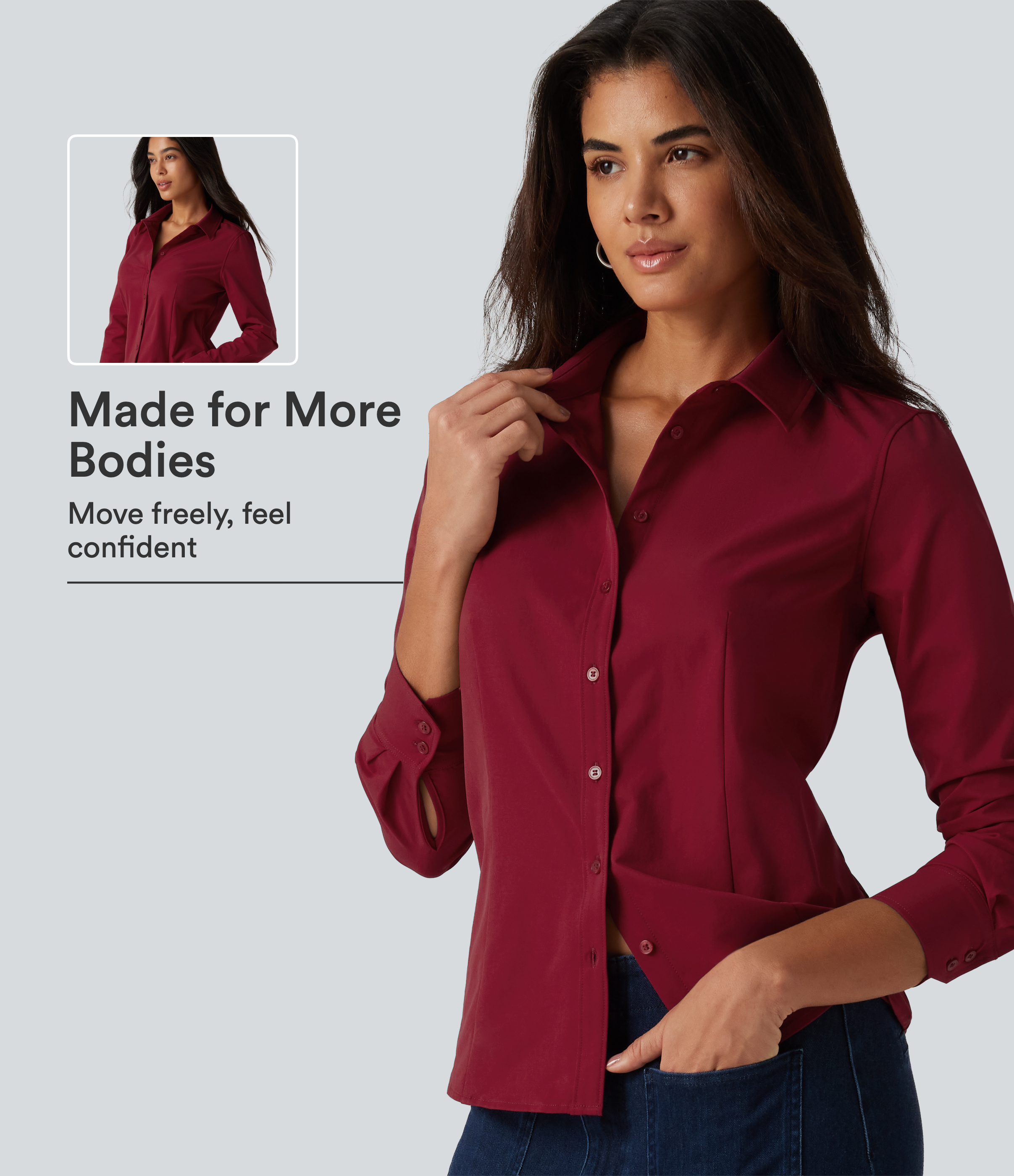 Rhythmic Red Long Sleeve Curved Hem Work Shirt / 1