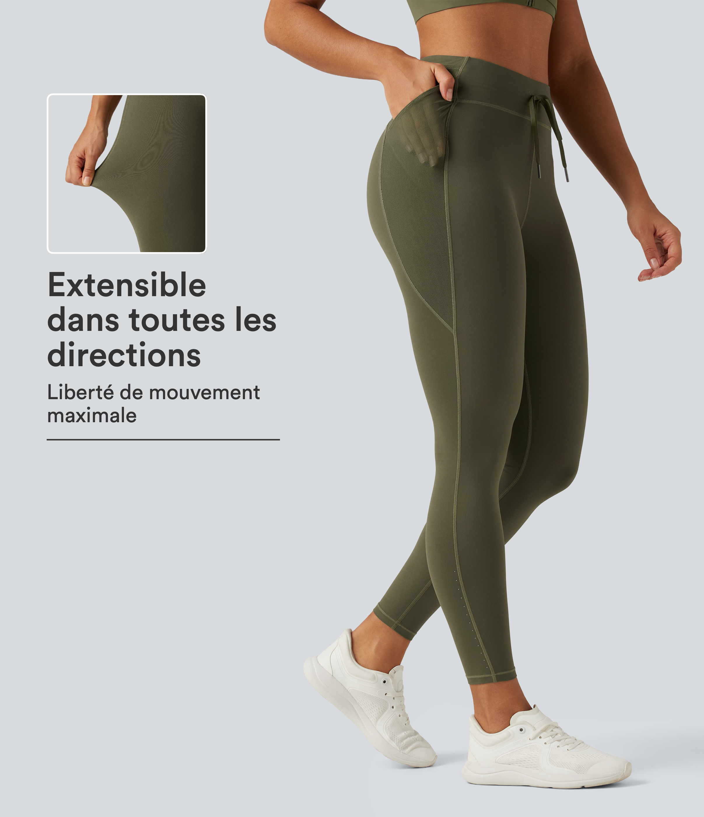 Grass Grey Green Legging de running à taille haute avec cordon de serrage, mesh contrasté, séchage rapide et poches / 1