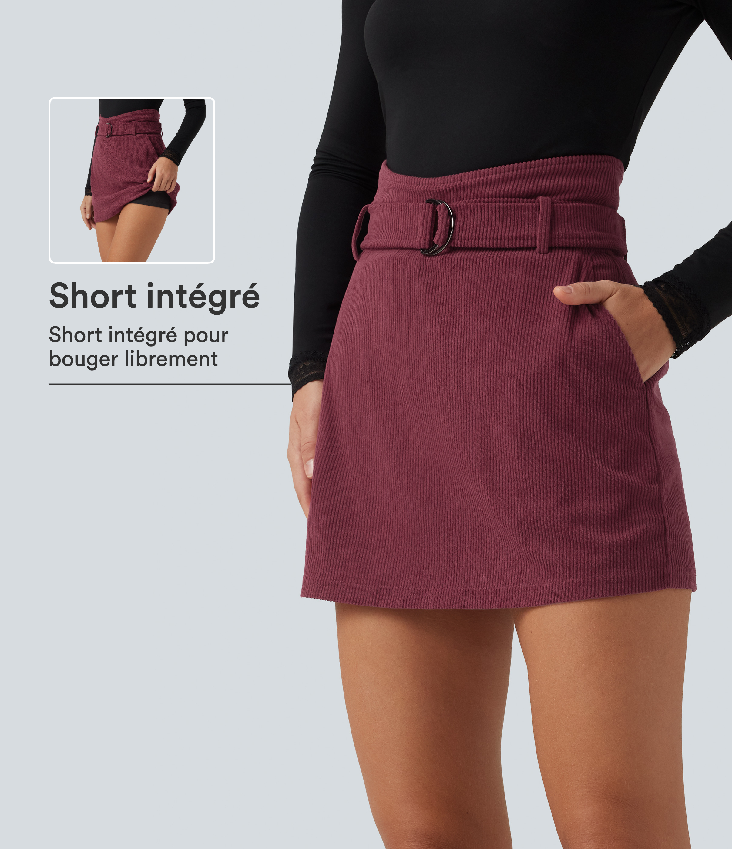 Jupe-short mini en velours côtelé taille super haute coupe trapèze avec poches
