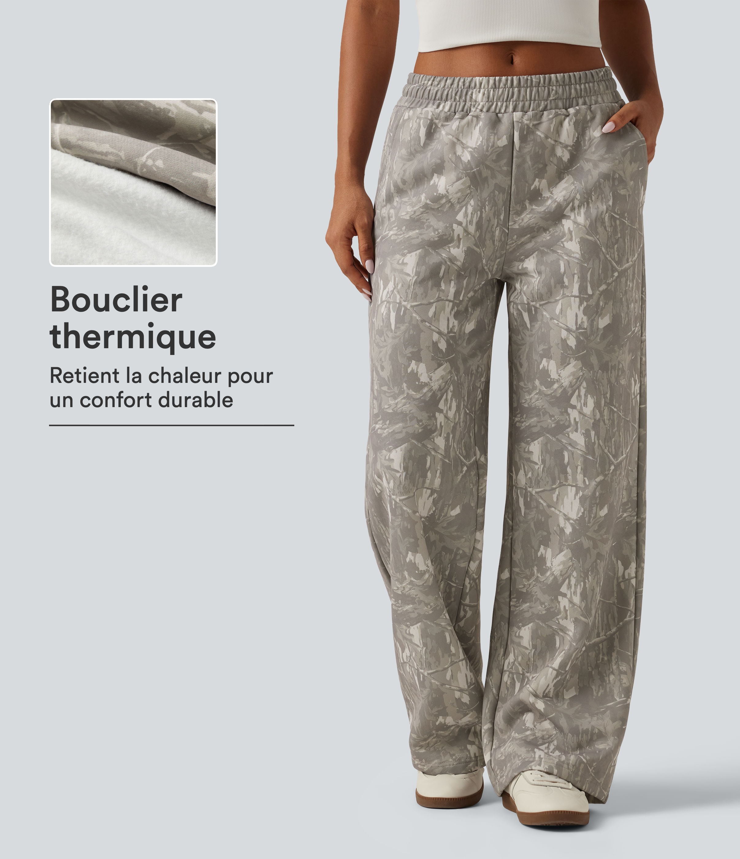 Sand Grey Brushwood Jogging en polaire taille mi-haute coupe droite à motif avec cordon de serrage intérieur et poches / 1
