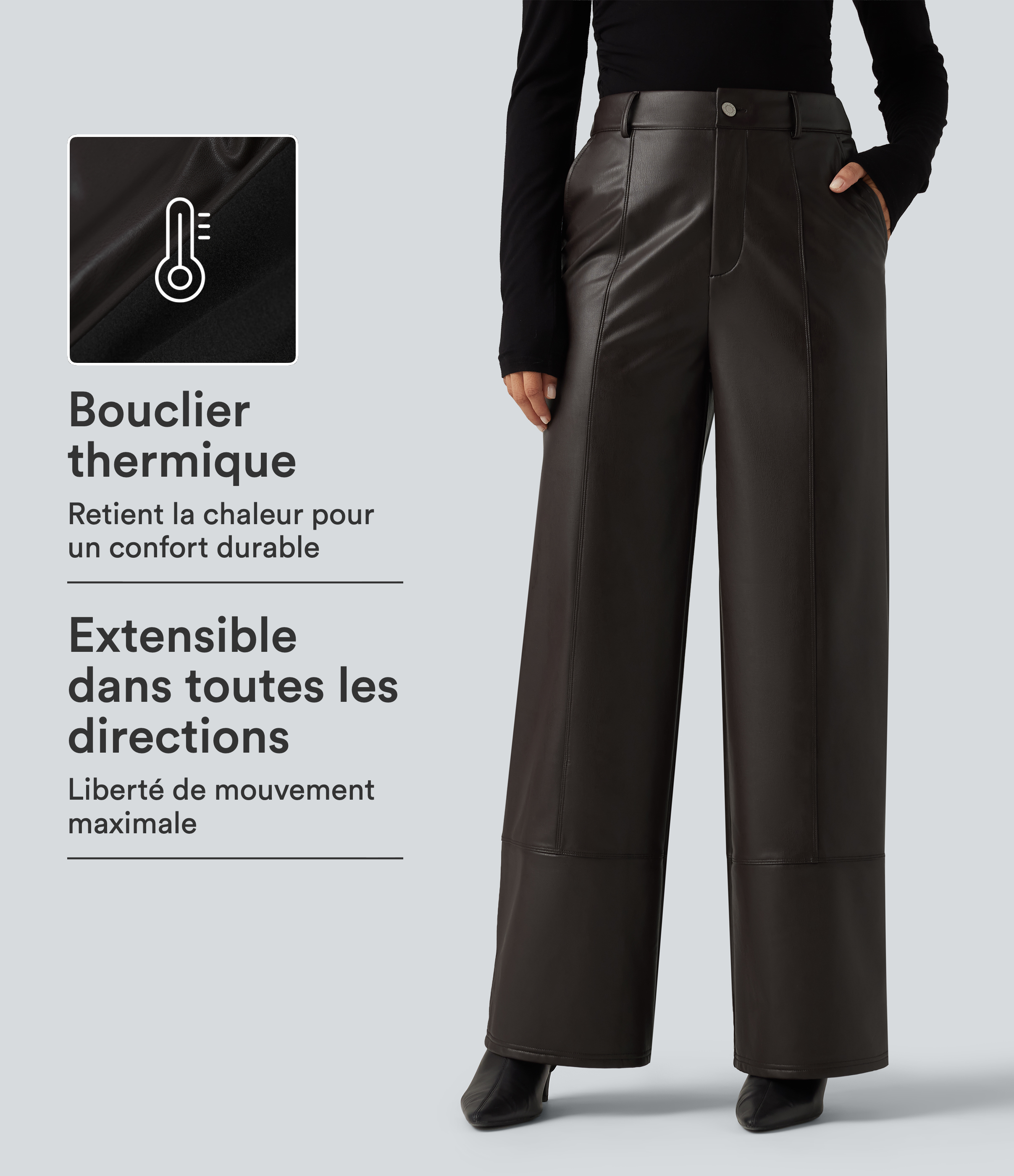 Pantalon droit en simili stretch doublé polaire taille haute avec poches