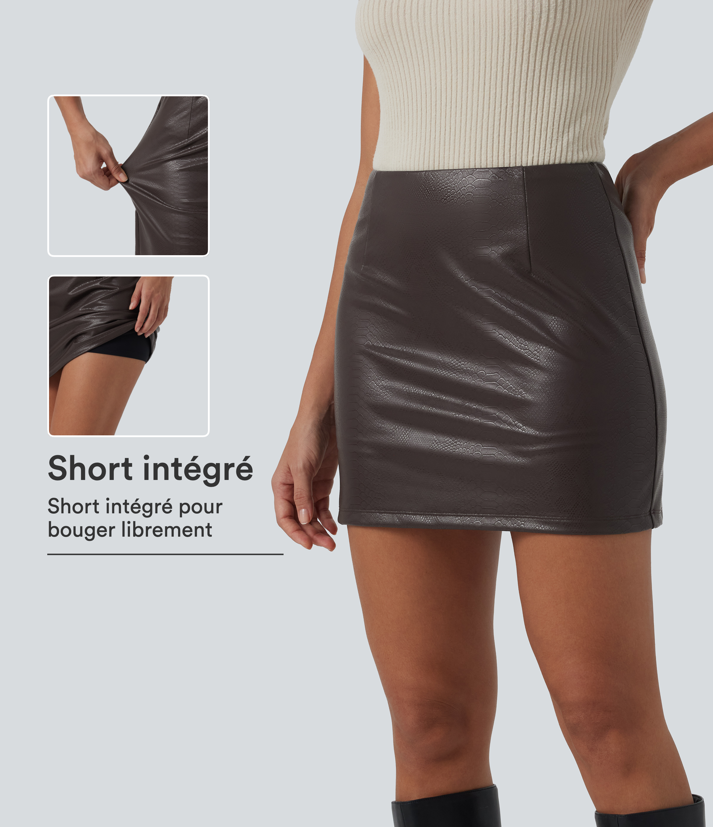 Jupe-short mini moulante imprimée serpent taille haute avec short intégré