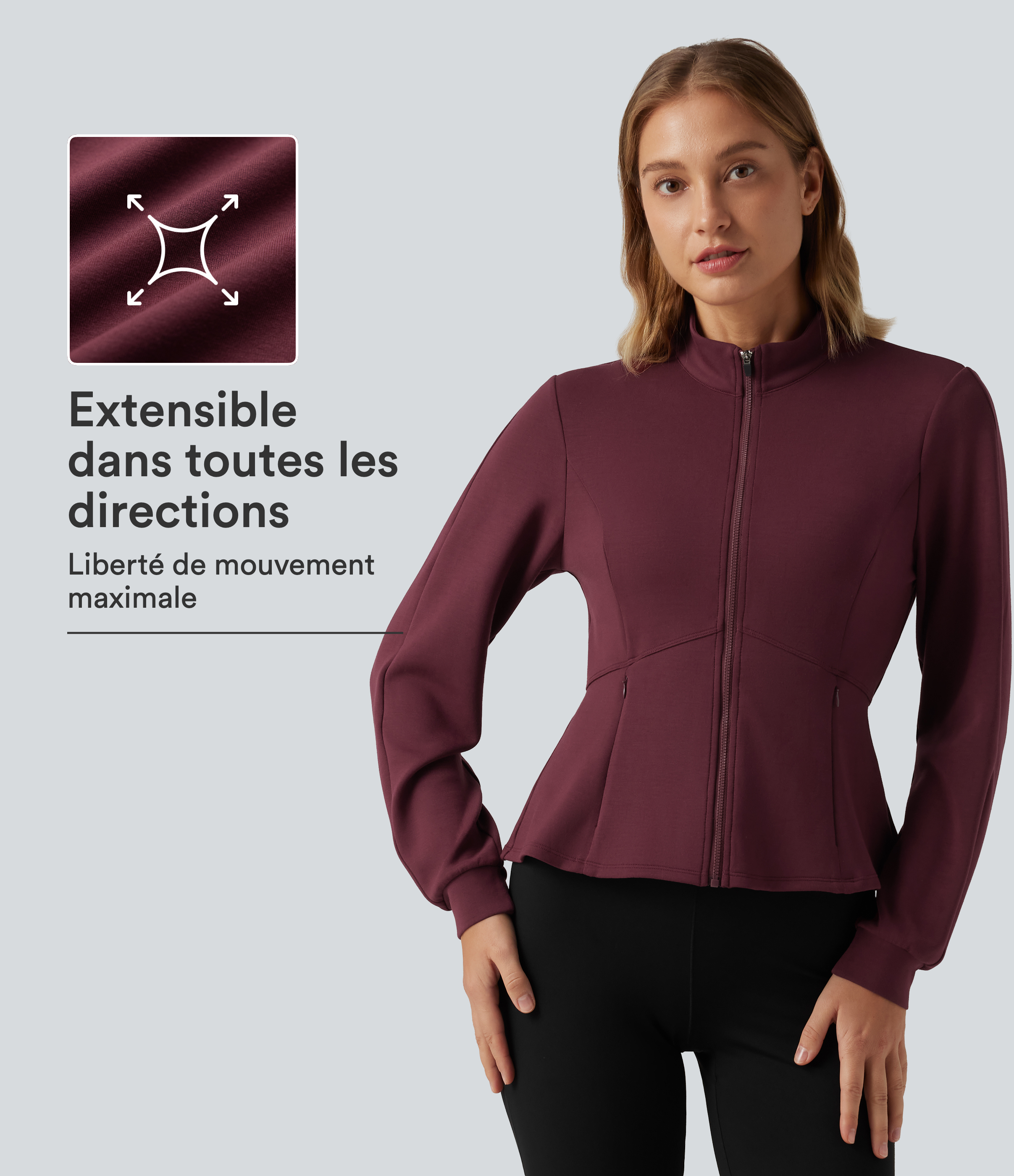 Veste de yoga SpacerTek™ à col montant, zip, manches longues et ourlet à volants avec poches