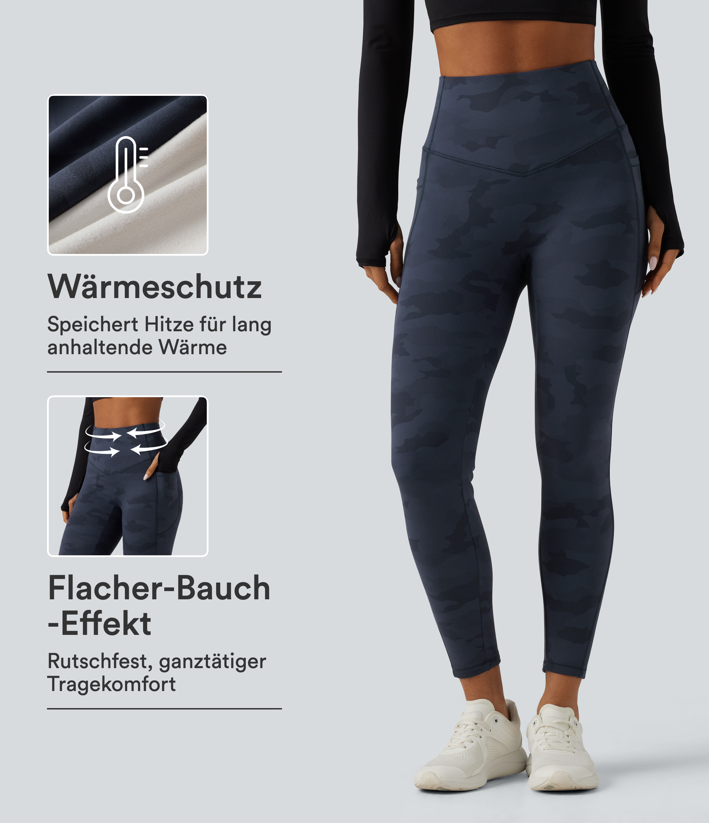 Halara UltraSculpt™ - Fleece-Workout-Leggings mit hohem Bund, Seitentaschen, Bauchkontrolle und Camouflage-Muster