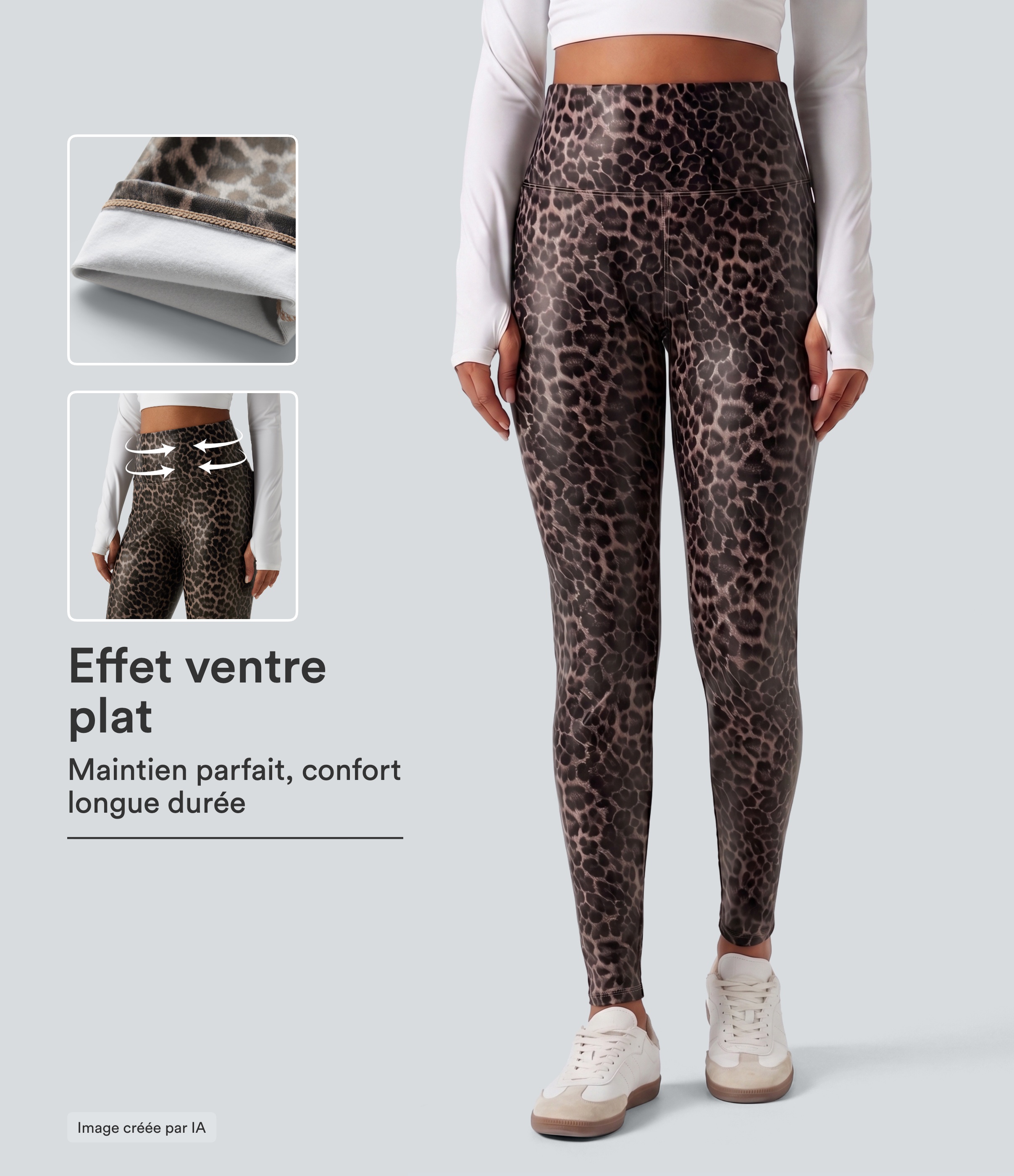 Cozy Feline Leggings mit hohem Bund, bauchformend, aus dehnbarem PU mit Leopardenmuster, enger Schnitt, lässig, mit Taschen / 1