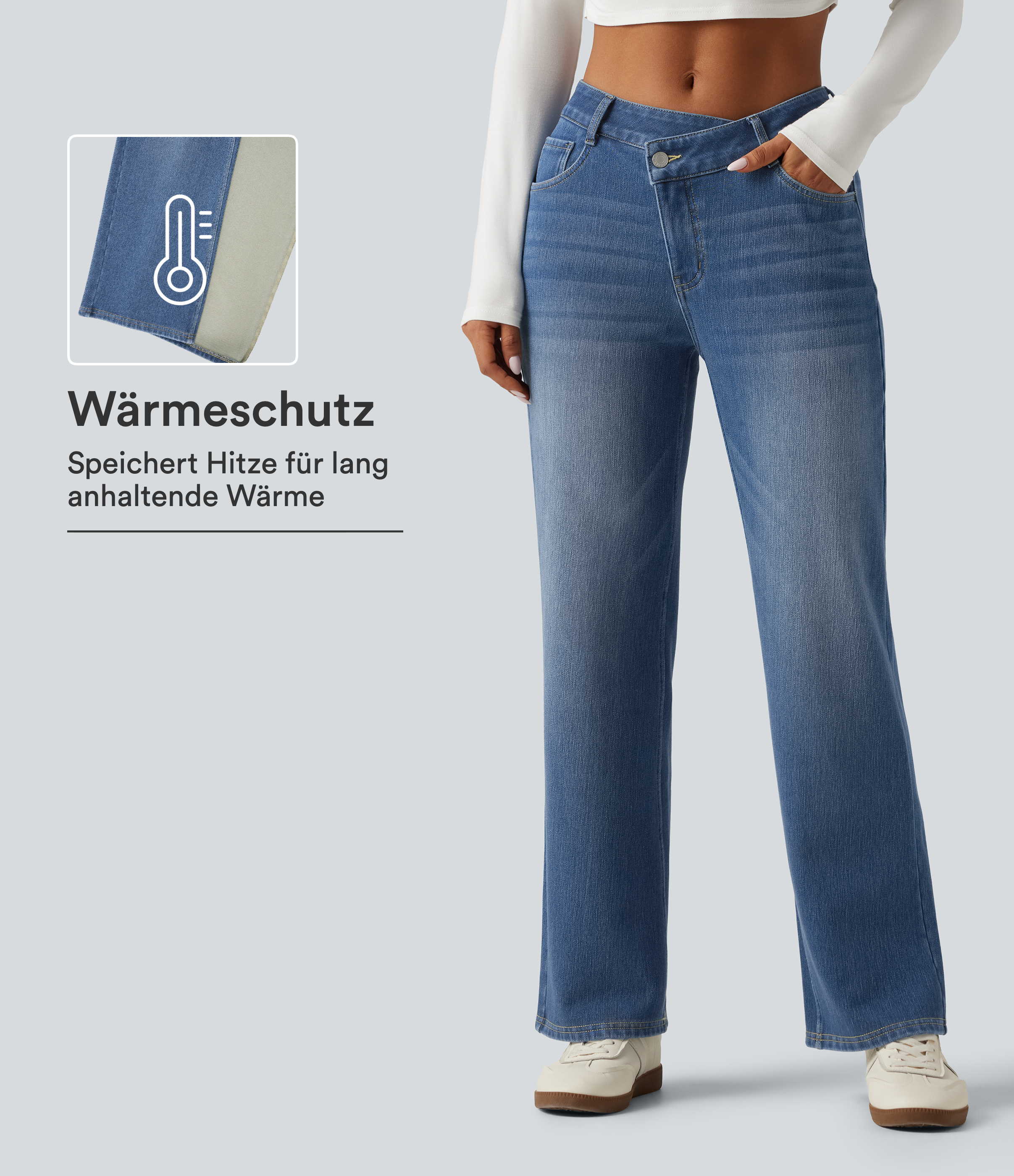Lässige Fleece-Jeans mit mittelhohem Crossover-Bund mehreren Taschen und geradem Bein