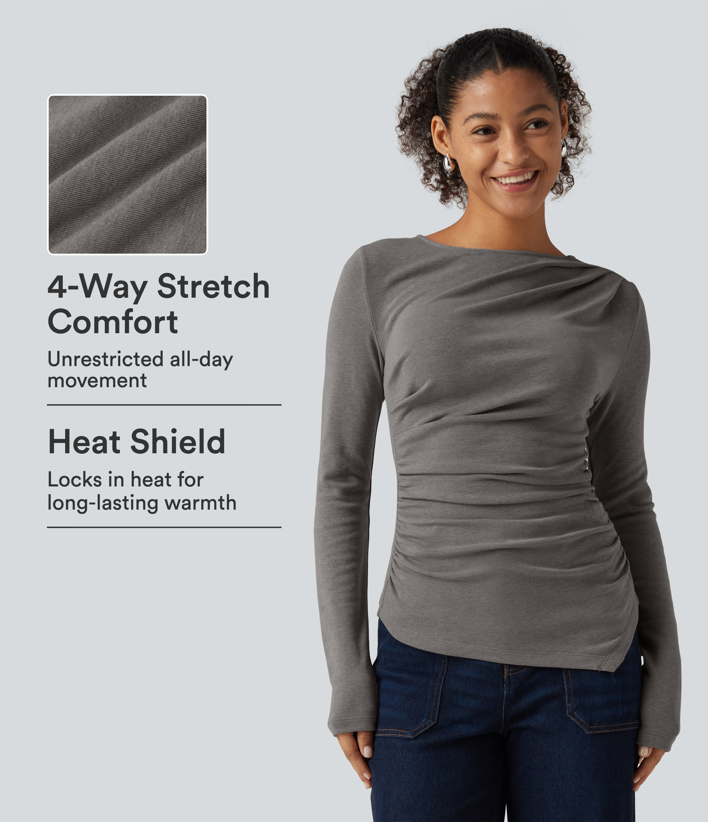 Boat Neck Long Sleeve Ruched Asymmetric Hem Thermal Casual Top