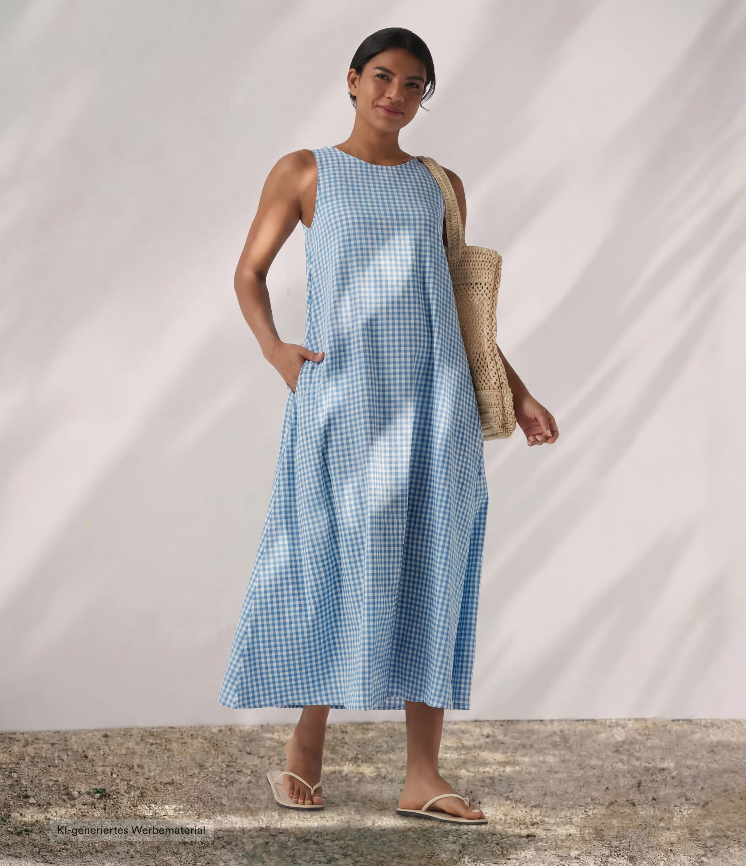 Lässiges, ärmelloses Midikleid mit Rundhalsausschnitt, Seitentaschen und Karomuster