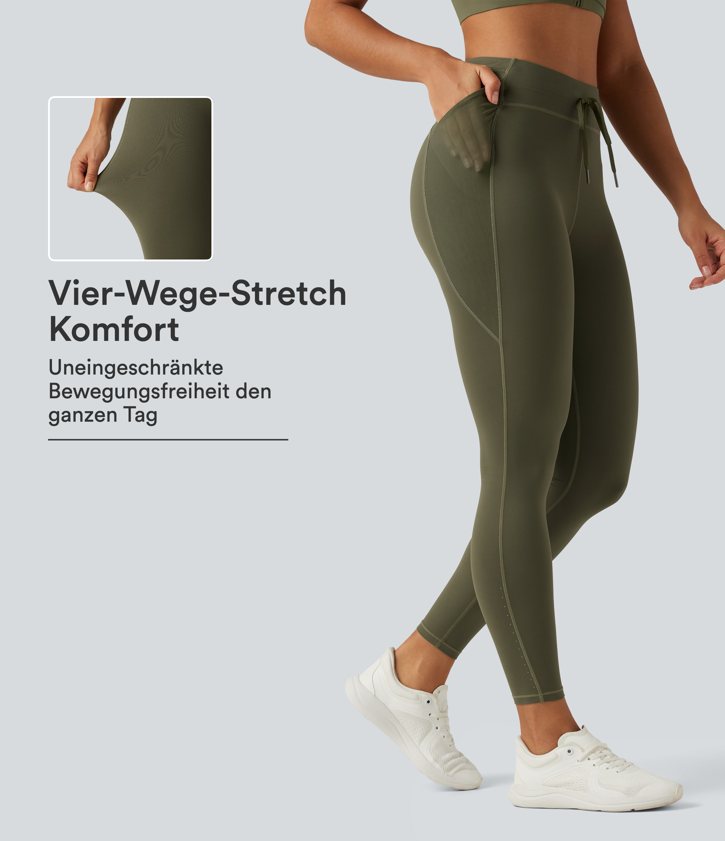 Lauf-Leggings mit hohem Bund, Seitentaschen, Kordelzug, Kontrast-Mesh und reflektierenden Punkten - schnelltrocknend