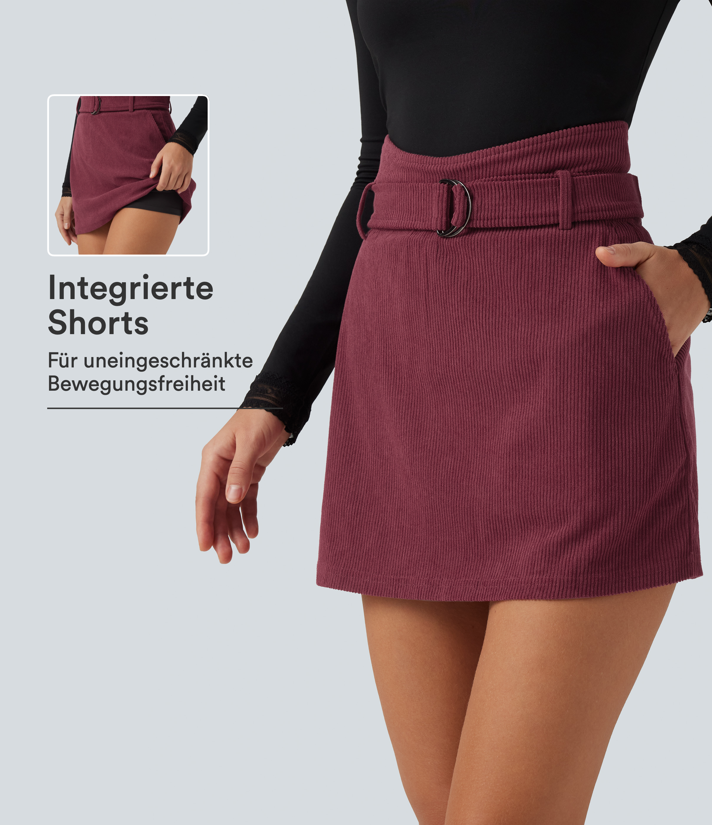 Lässiger 2-in-1 Minirock in A-Linie aus Cord mit superhohem Bund, Seitentaschen und integrierten Shorts