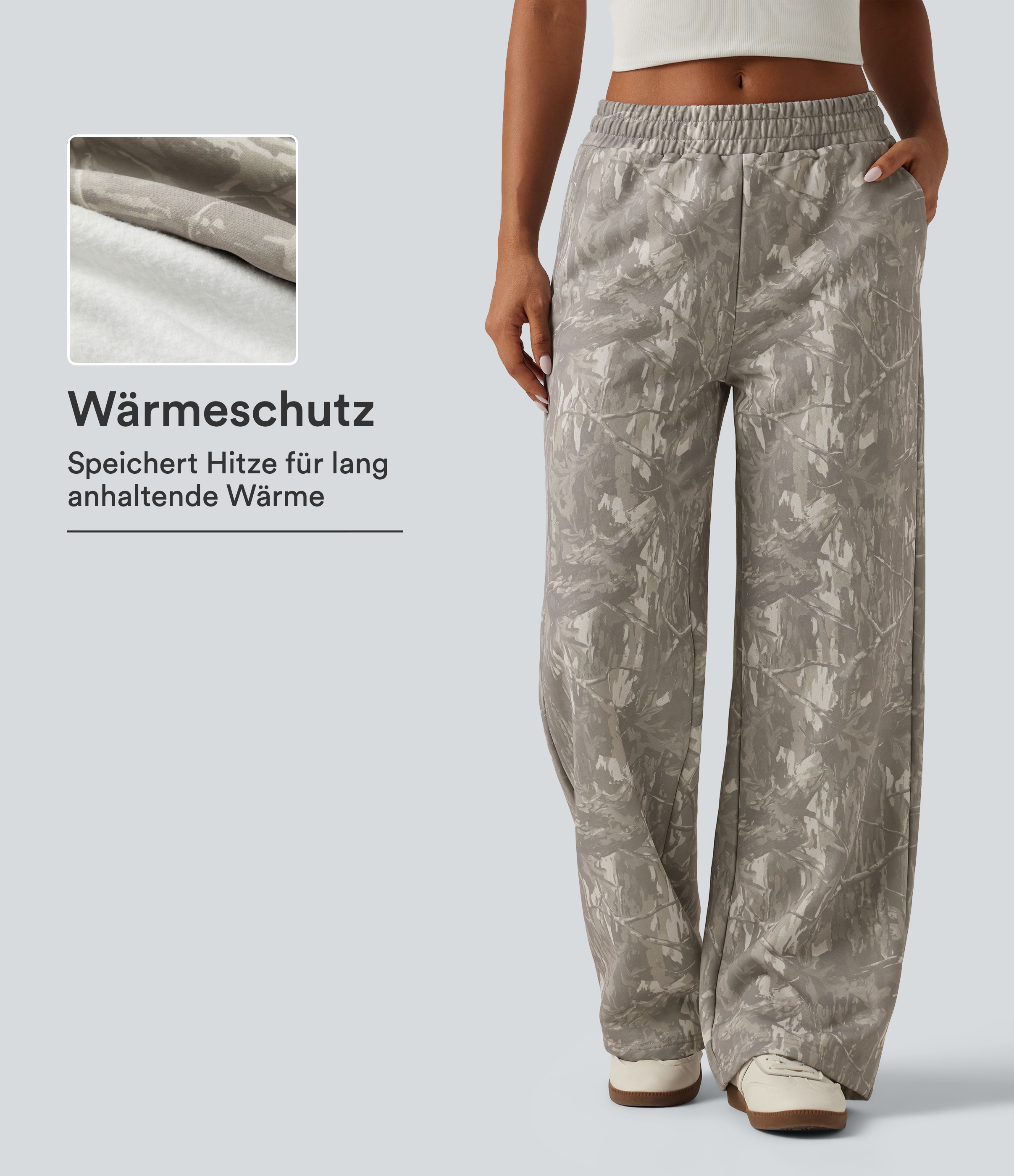 Sand Grey Brushwood Lässige Fleece-Jogginghose mit mittelhohem Bund, Seitentaschen, innenliegendem Kordelzug, Mustern und geradem Bein / 1