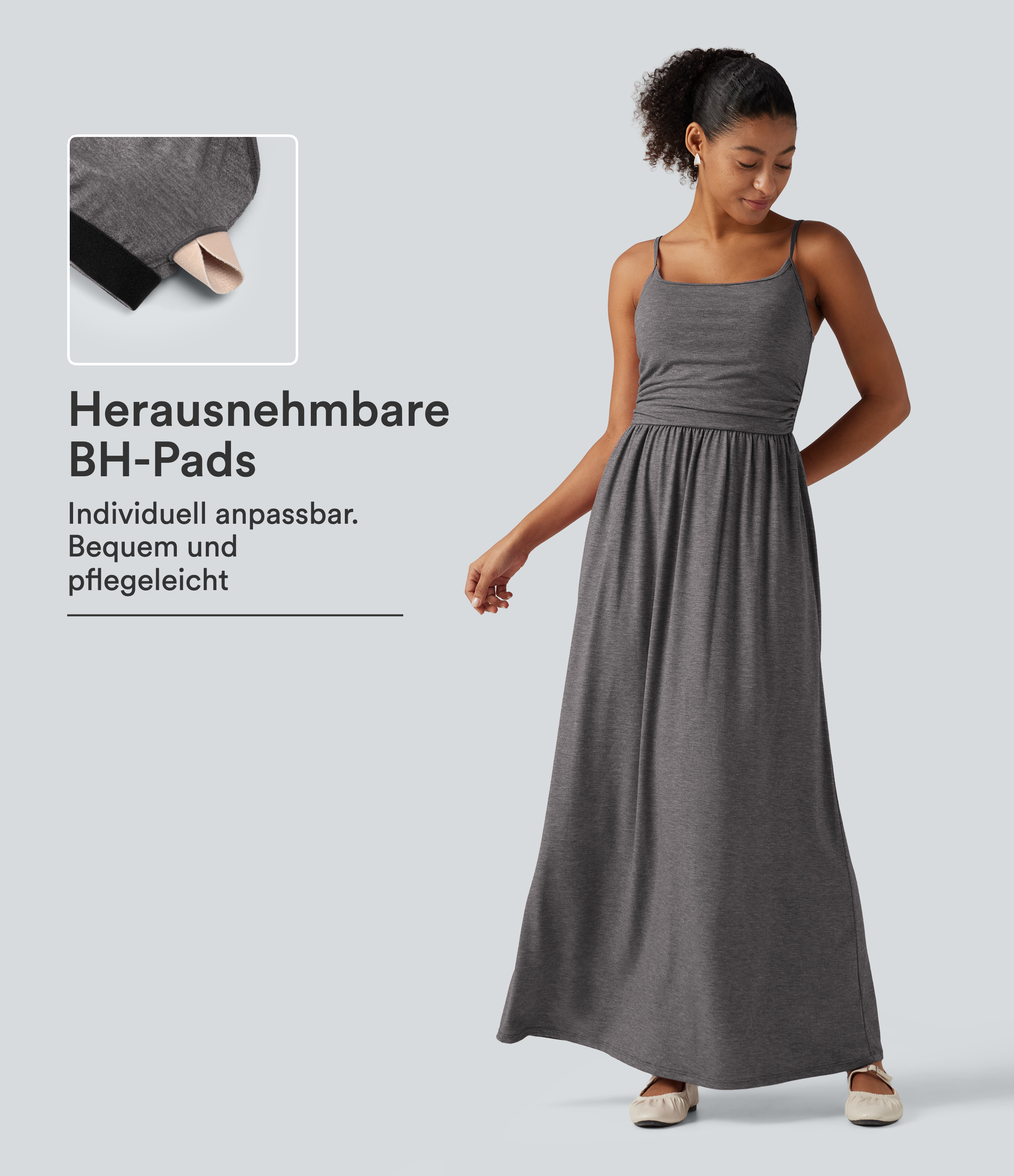 Lässiges, gerafftes Tank-Maxikleid mit U-Ausschnitt, Seitentaschen und integriertem BH