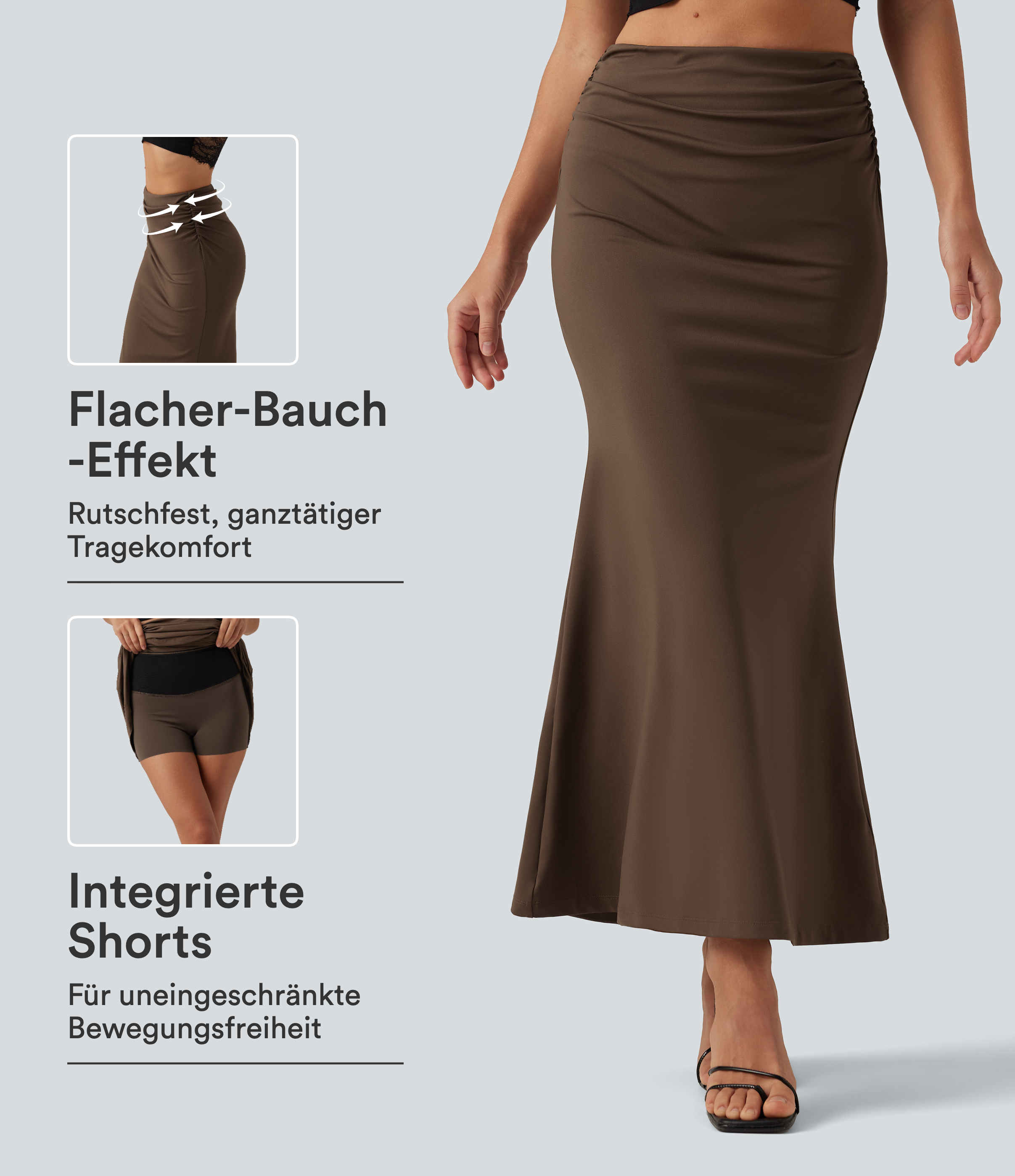 Lässiger, geraffter 2-in-1 Midirock im Meerjungfrauen-Stil mit hohem Bund und Bauchkontrolle