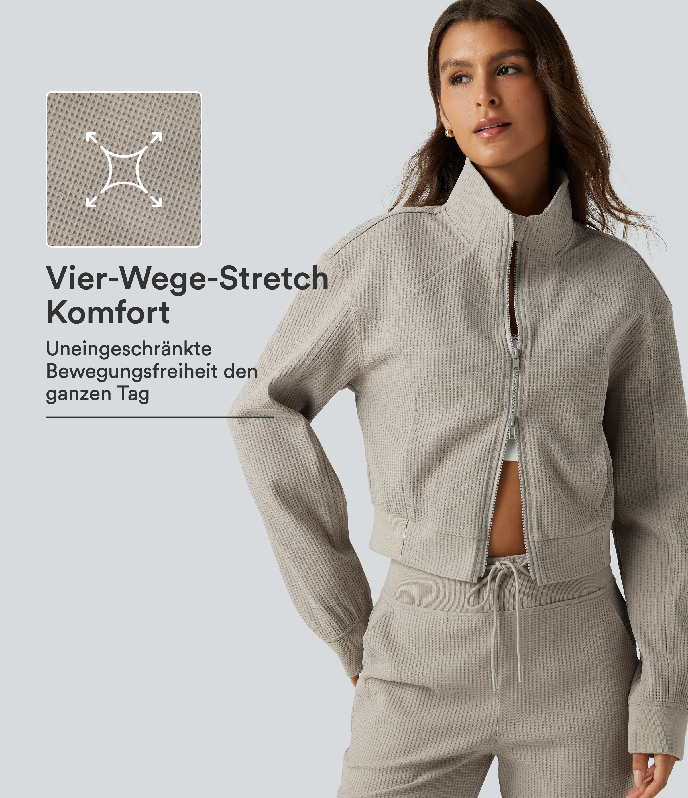Lässige Jacke mit Stehkragen, langen Raglanärmeln, 2-Wege-Reißverschluss und Waffelstoff