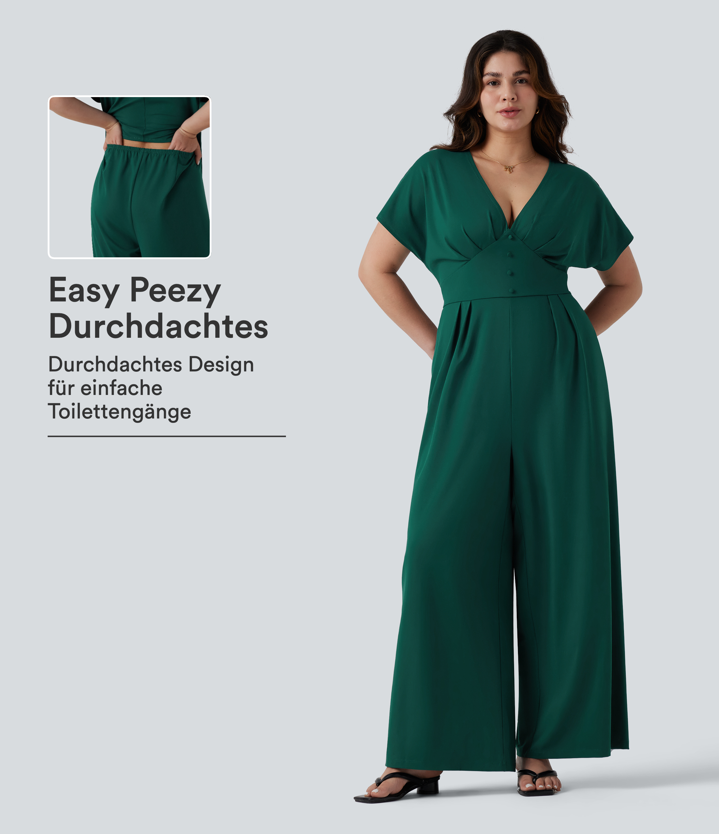 Lässiger Jumpsuit mit V-Ausschnitt, Seitentaschen, kurzen Ärmeln und weitem Bein - Plus-Size, Easy Peezy Edition