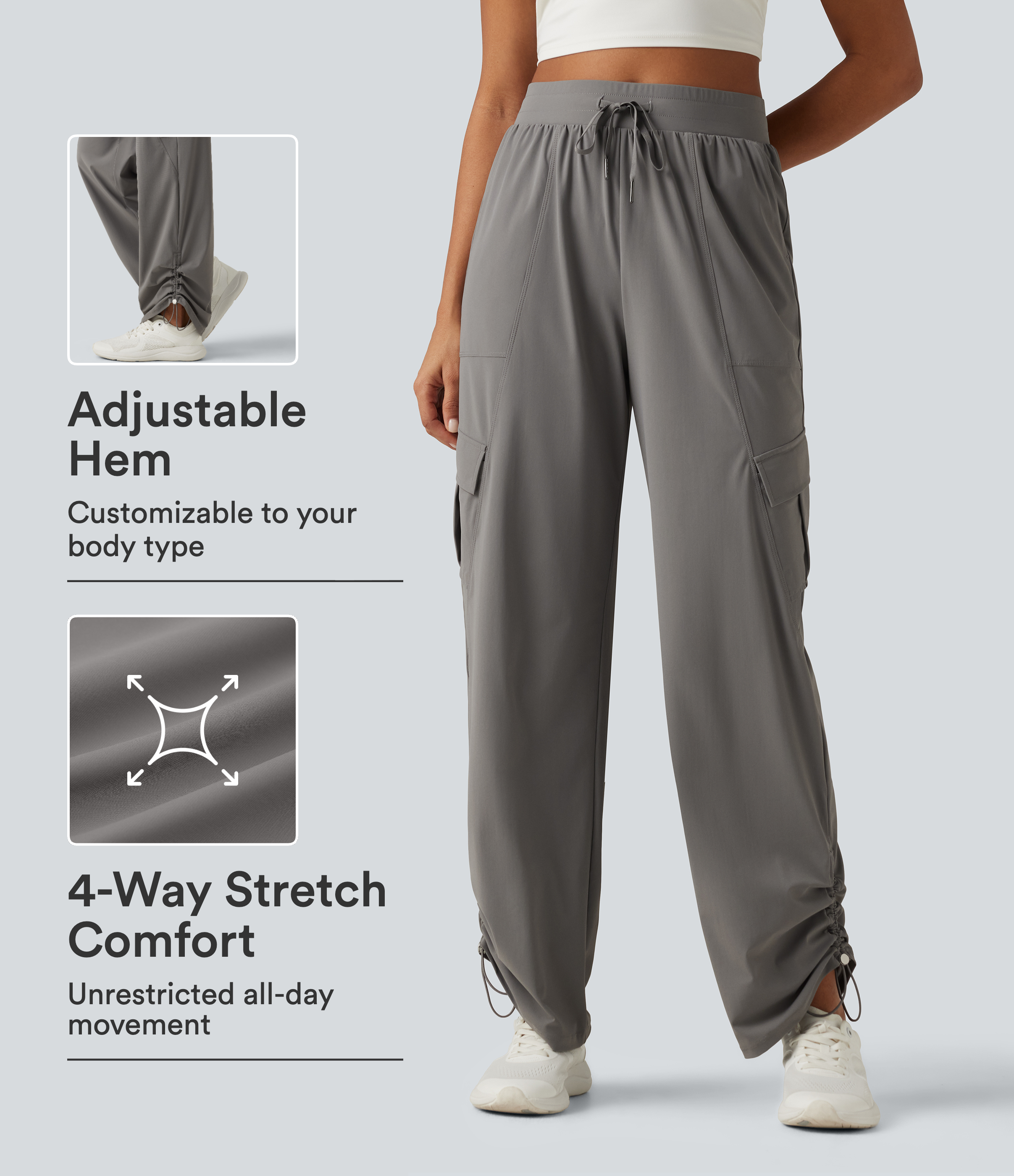 High Waisted Drawstring Ruched Straight Leg Quick Dry InstantCool Running Pants with Pockets-UPF40+