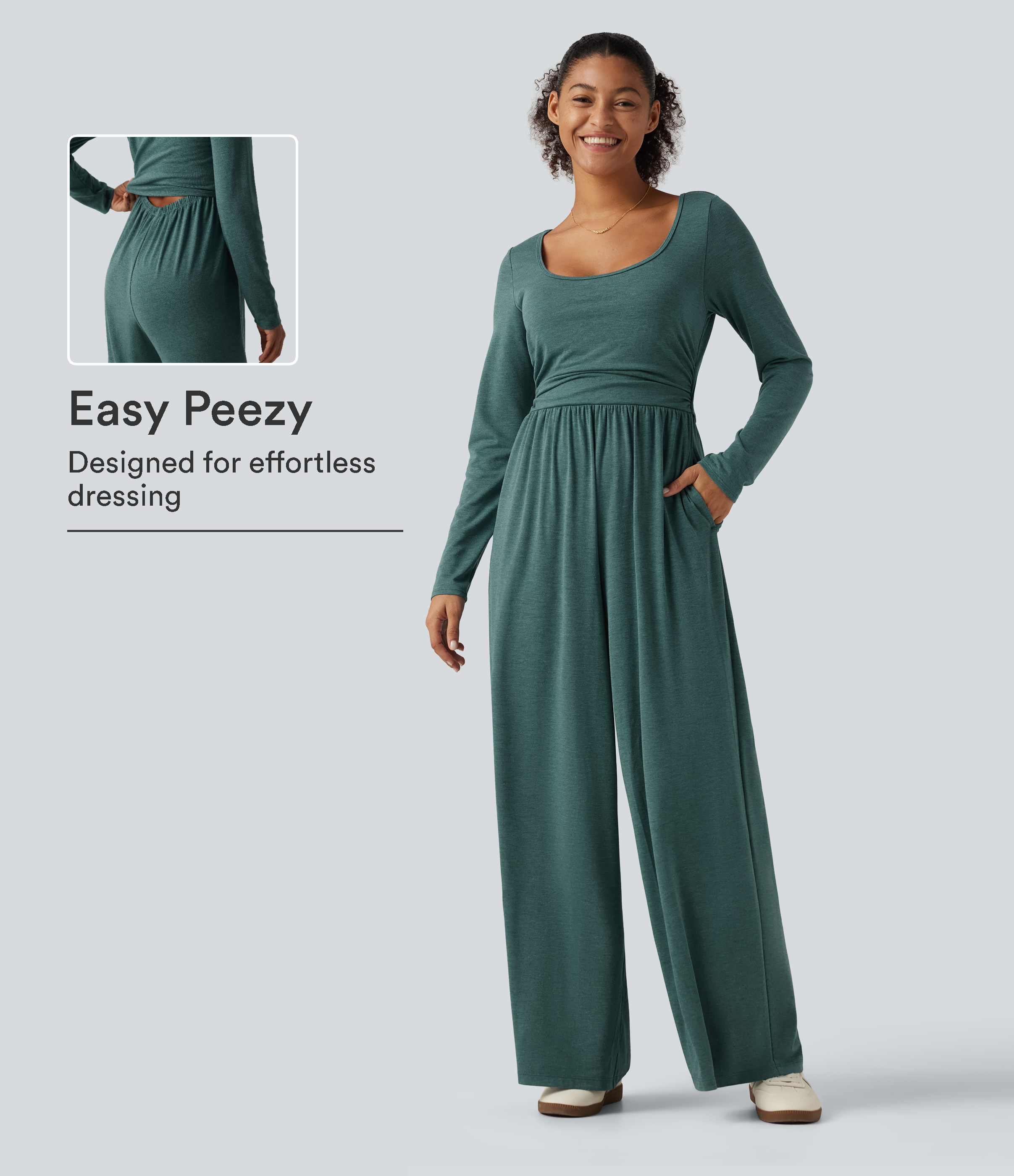Scoop Neck Long Sleeve Built-in Bra Wide Leg Ruched Casual Jumpsuit with Pockets-Easy Peezy Edition