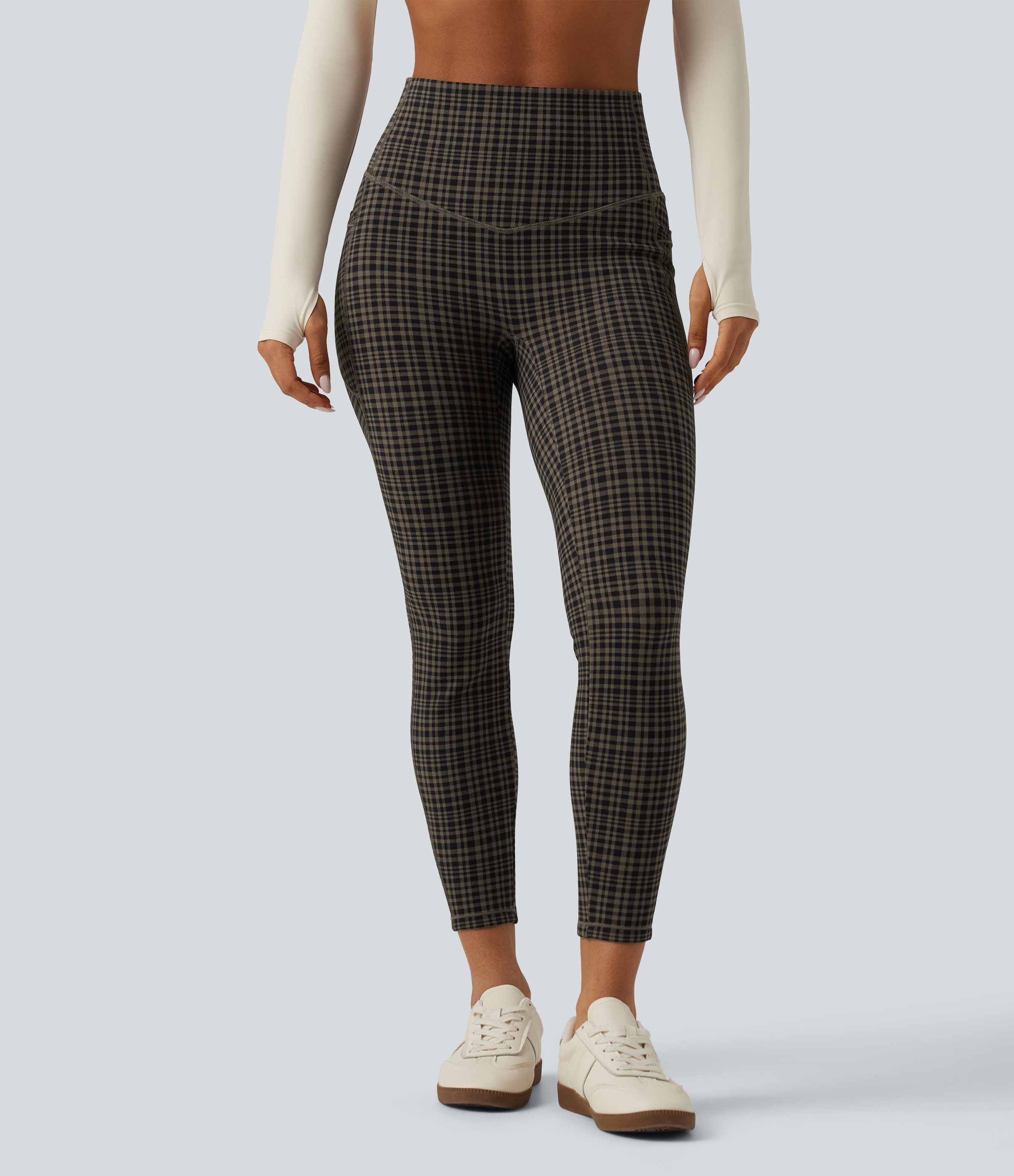 Sandstone Check Plaid Halara UltraSculpt™ High Waisted Tummy Control Fleece Skinny Plaid Workout Leggings with Pockets / 2