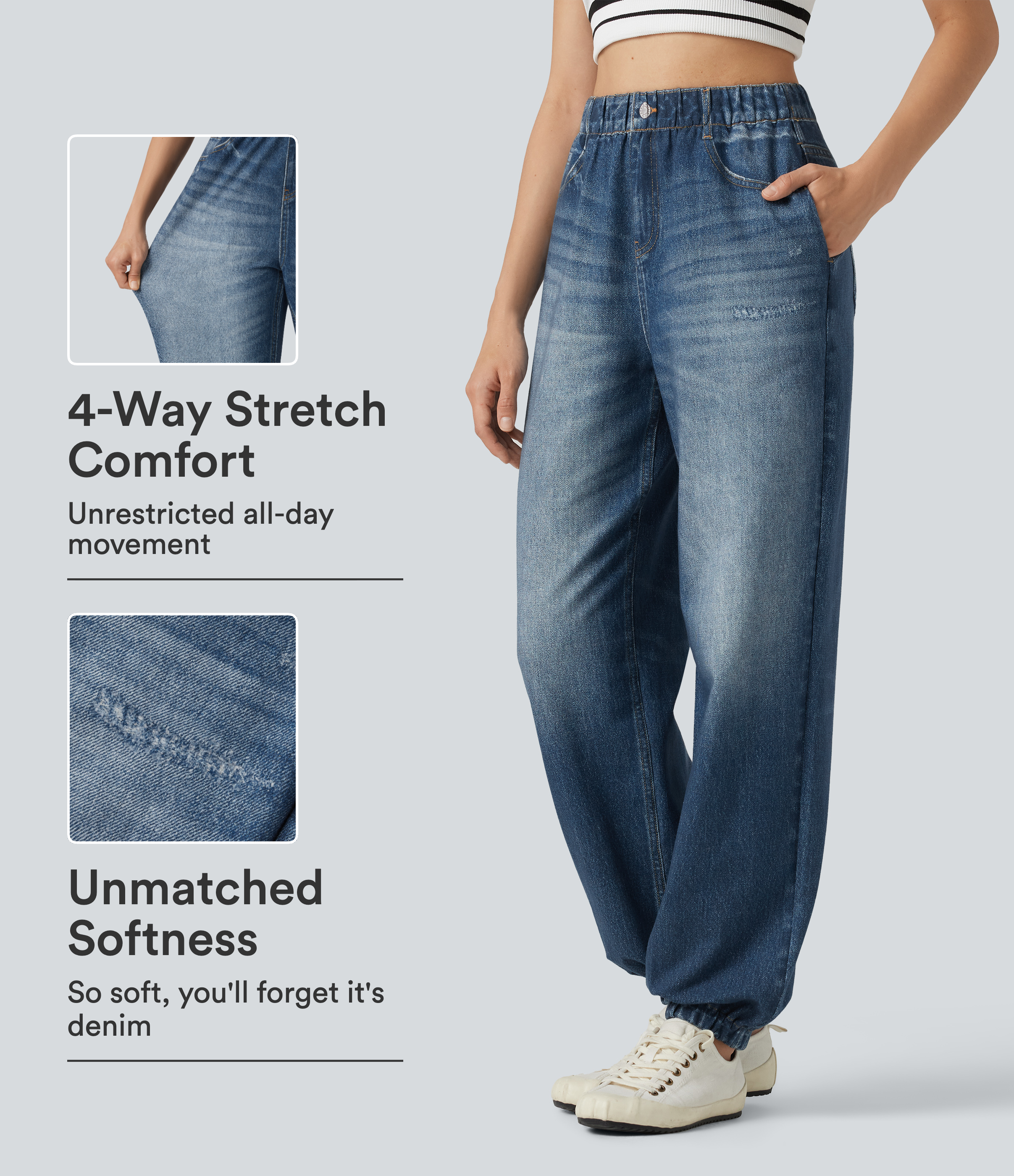 Hoch taillierte Jogginghose im Denim-Print aus French Terry mit Taschen.