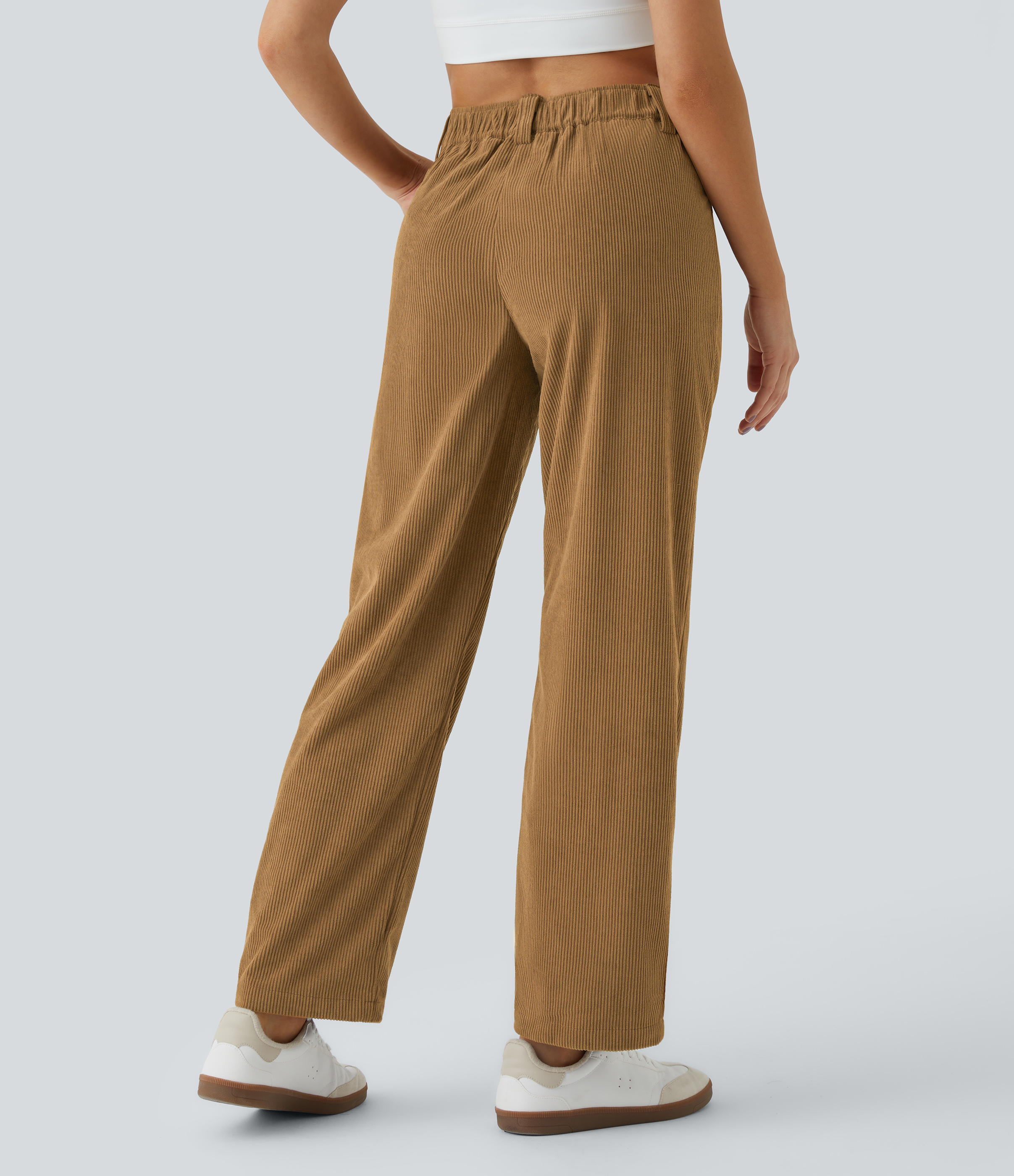 Bone Brown Mid Rise Zipper Pocket Corduroy Casual Pants / 2