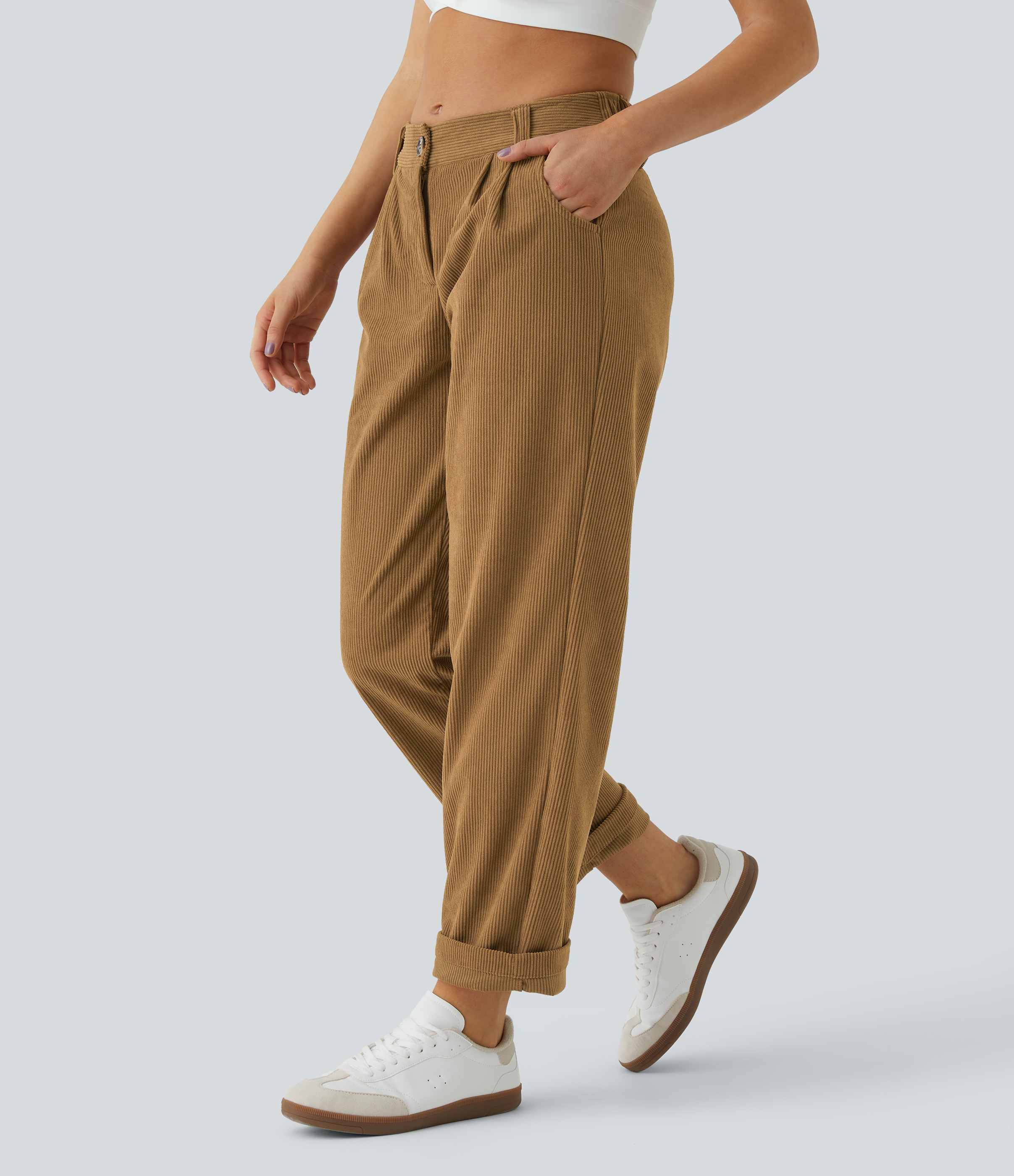 Mid Rise Zipper Pocket Corduroy Casual Pants