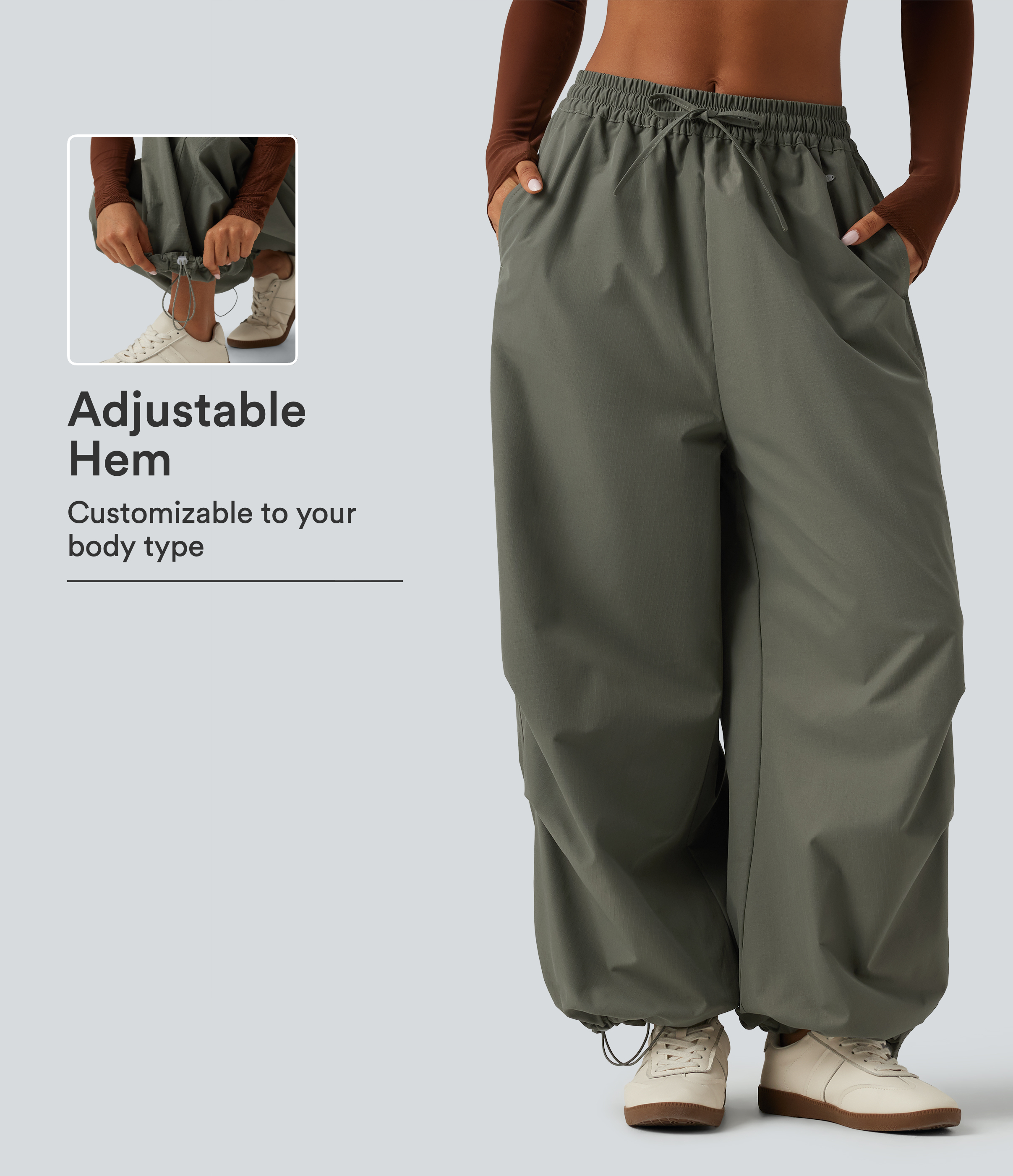Mid Rise Drawstring Baggy Adjustable Drawcord Hiking Cargo Pant with Pockets
